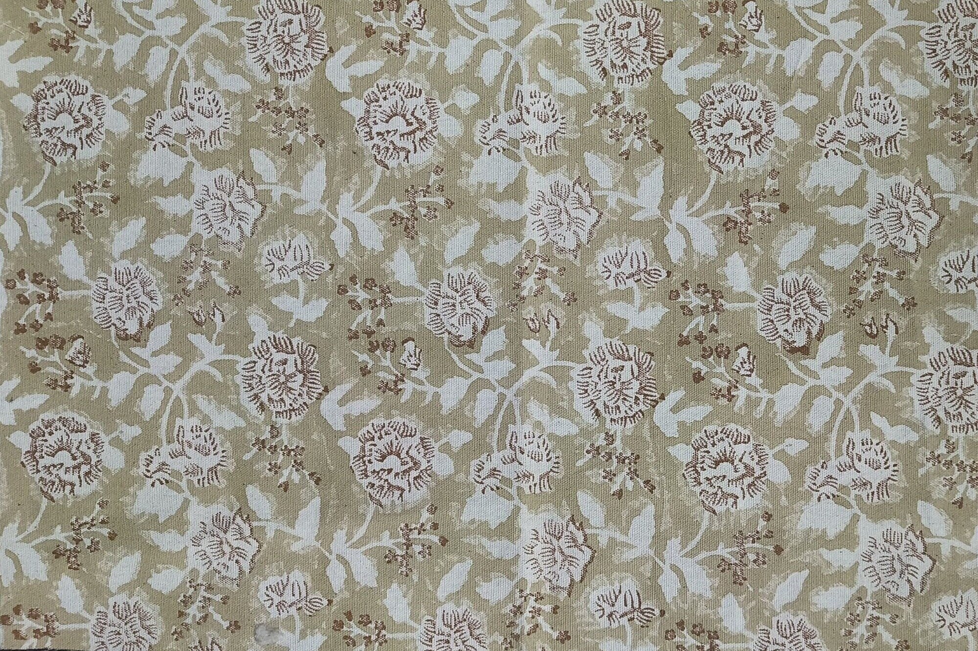 Block Print Linen Fabric, Rameshwaram   Linen& Cotton Fabric With Beige/Brown Floral Hand Block Print Fabric  Running Fabrics By The Yard 