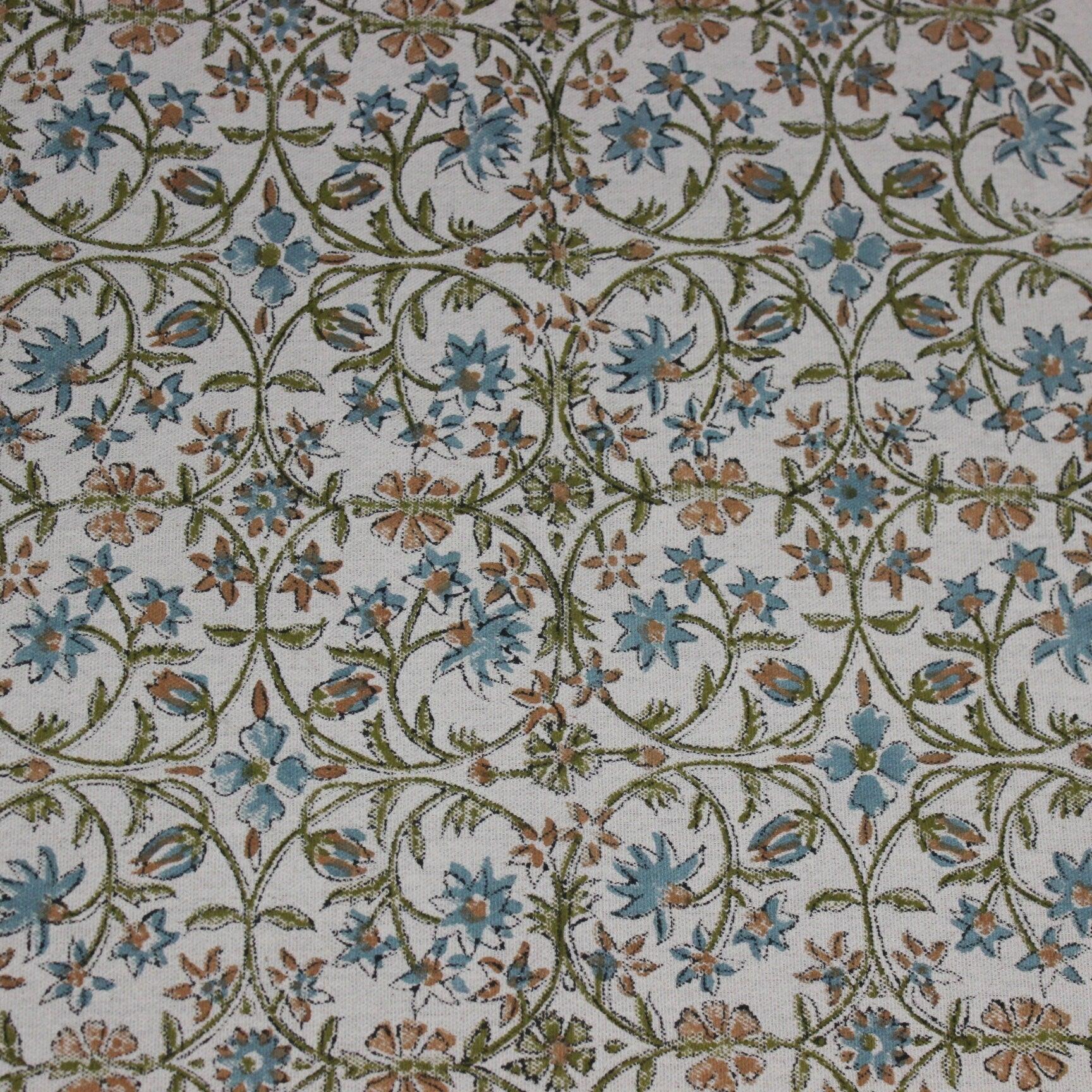 Amritwani Skyblue  Flower Block Print Fabric, 100% Natural Linen Fabric, Indian Fabrics, Block Print Cushions, Pillow Cover Fabric