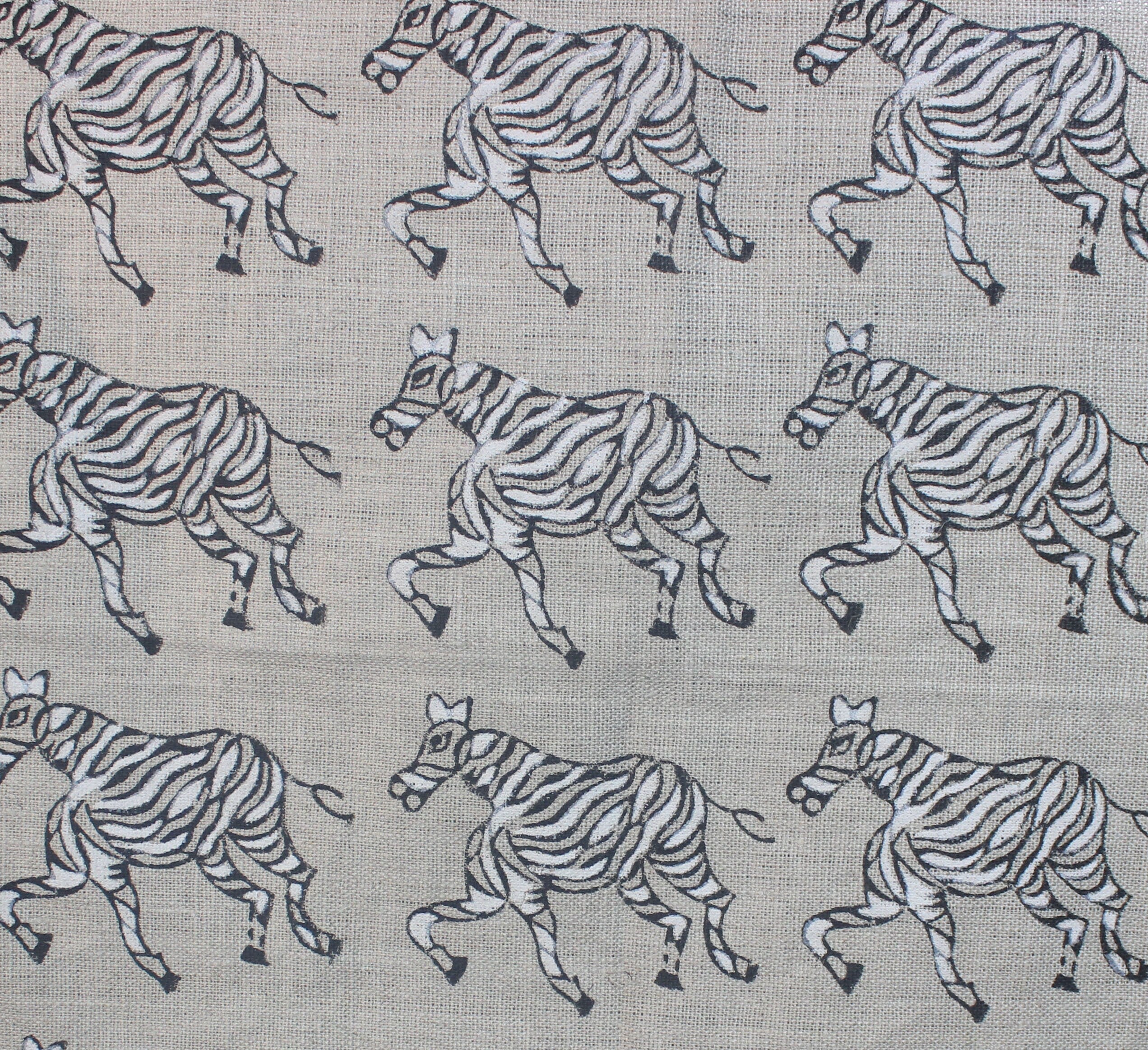 Block Print Linen Fabric, Zebra  Blue White Block Print Fabrics  Zebras  Black/White  Linen Fabric By The Yard