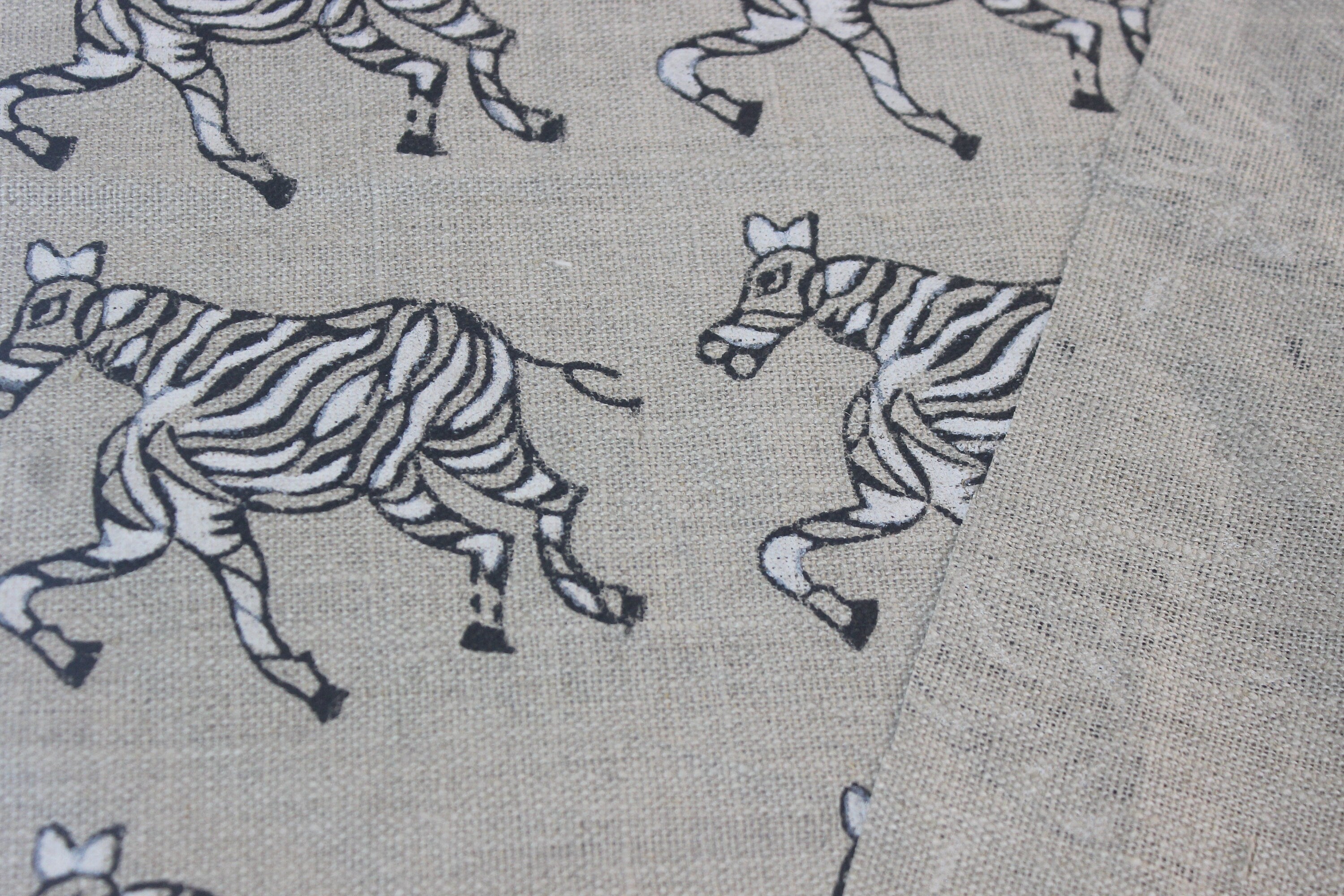 Block Print Linen Fabric, Zebra  Blue White Block Print Fabrics  Zebras  Black/White  Linen Fabric By The Yard