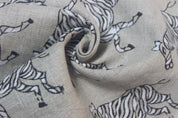 Block Print Linen Fabric, Zebra  Blue White Block Print Fabrics  Zebras  Black/White  Linen Fabric By The Yard