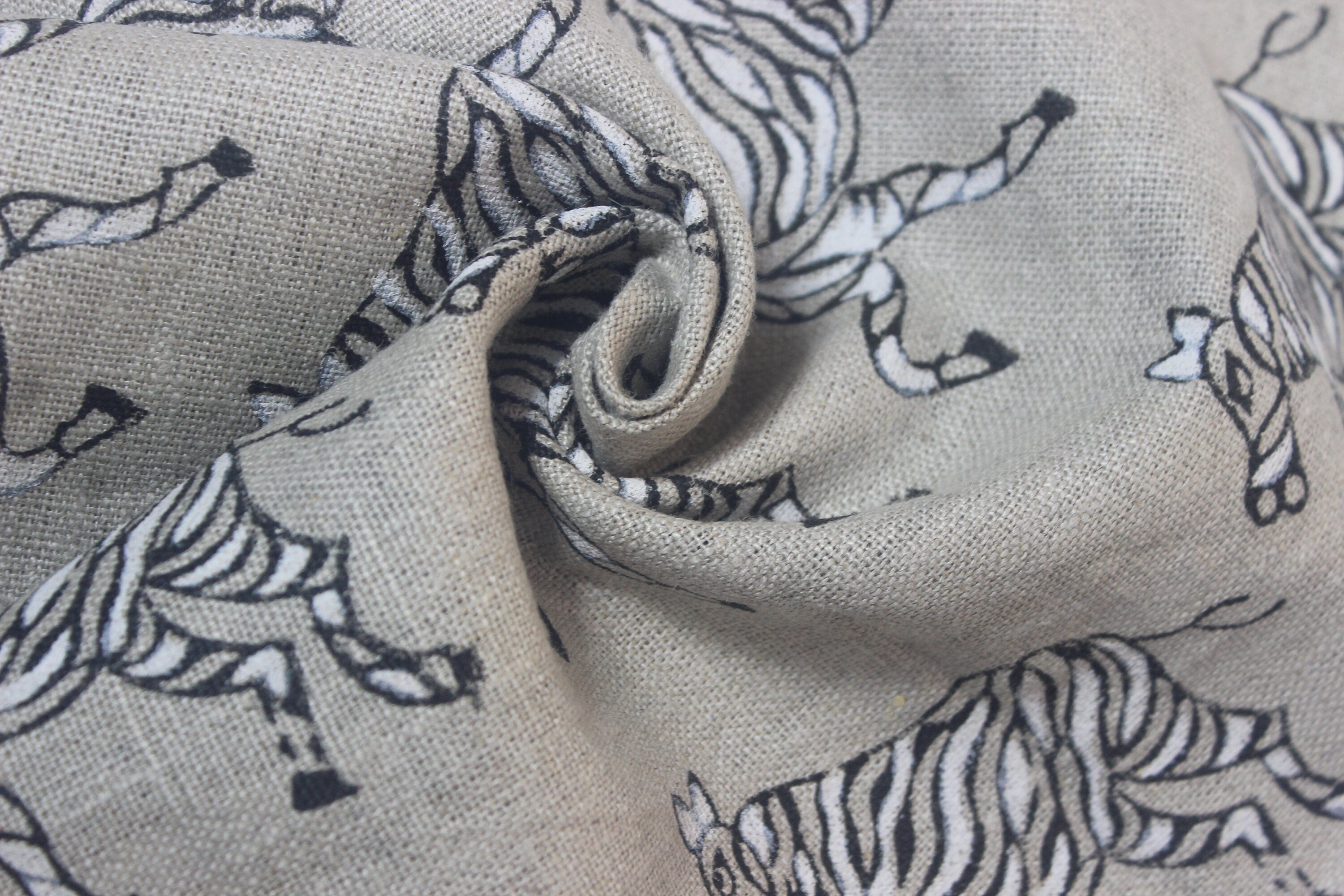 Block Print Linen Fabric, Zebra  Blue White Block Print Fabrics  Zebras  Black/White  Linen Fabric By The Yard
