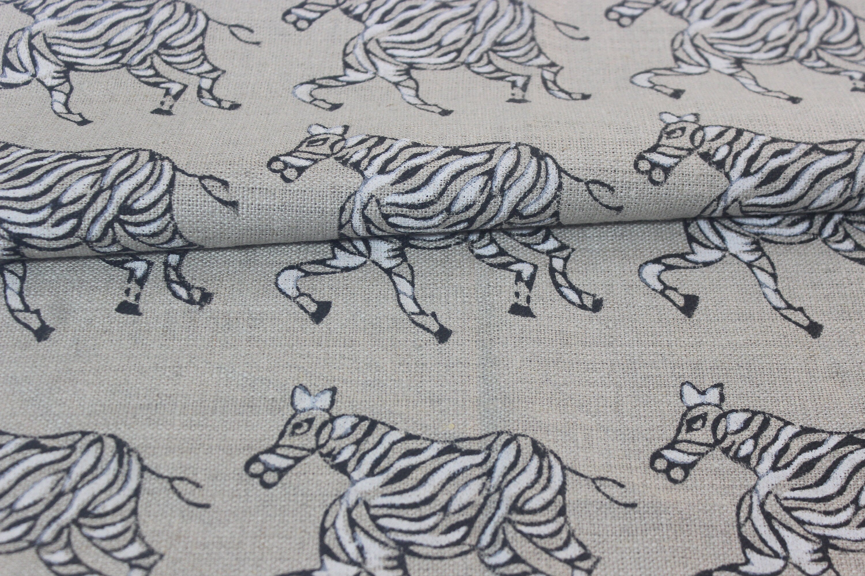 Block Print Linen Fabric, Zebra  Blue White Block Print Fabrics  Zebras  Black/White  Linen Fabric By The Yard