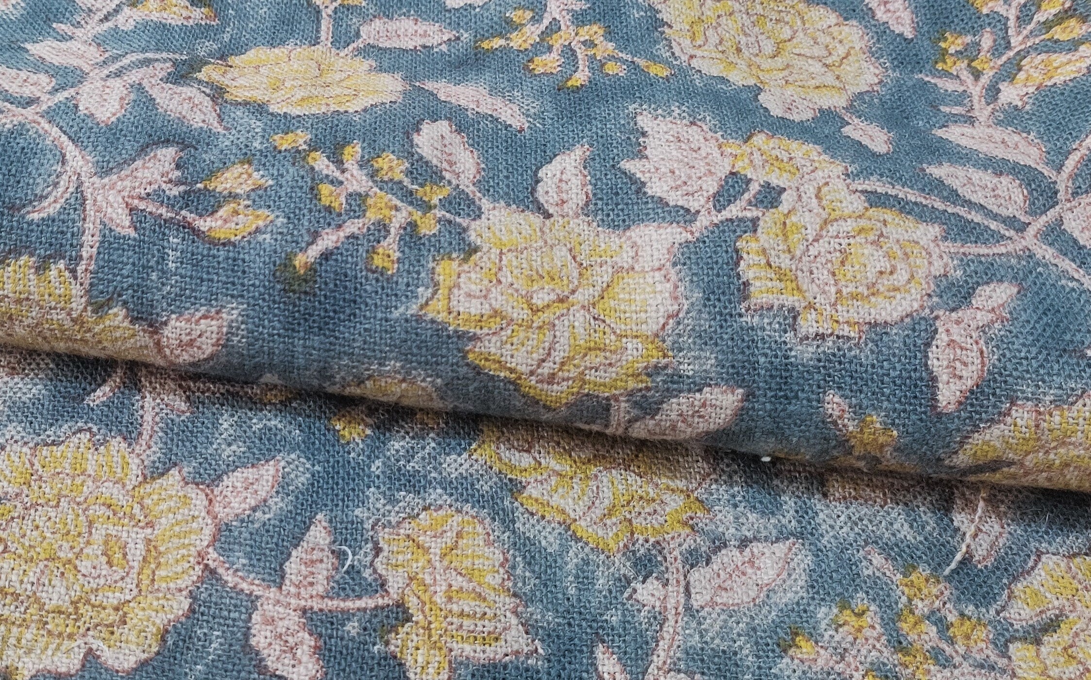 Block Print Linen Fabric, Rameshwaram  Floral Linen Fabric Block Print, Fabric By The Yard, Tablecloth Fabric, Cushion Cover Fabric, Block Print Upholstery
