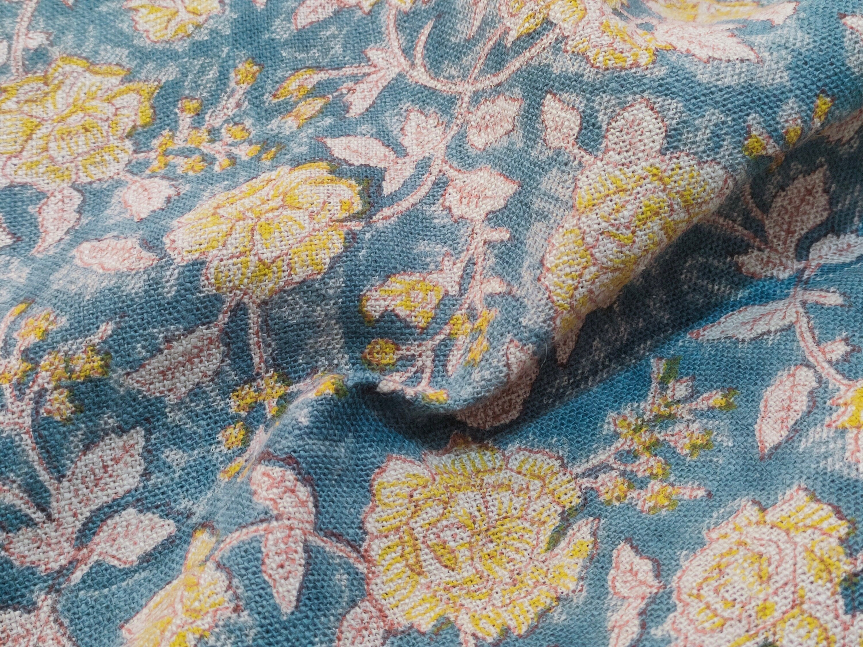Block Print Linen Fabric, Rameshwaram  Floral Linen Fabric Block Print, Fabric By The Yard, Tablecloth Fabric, Cushion Cover Fabric, Block Print Upholstery