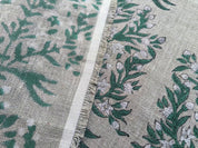 Block Print Linen Fabric, Vrindavan Flowergreenblock Print Fabric, Floral Print Linen, By The Yards, Pillow Cover Fabric For Tablecloth, Thick Linen For Upholstery