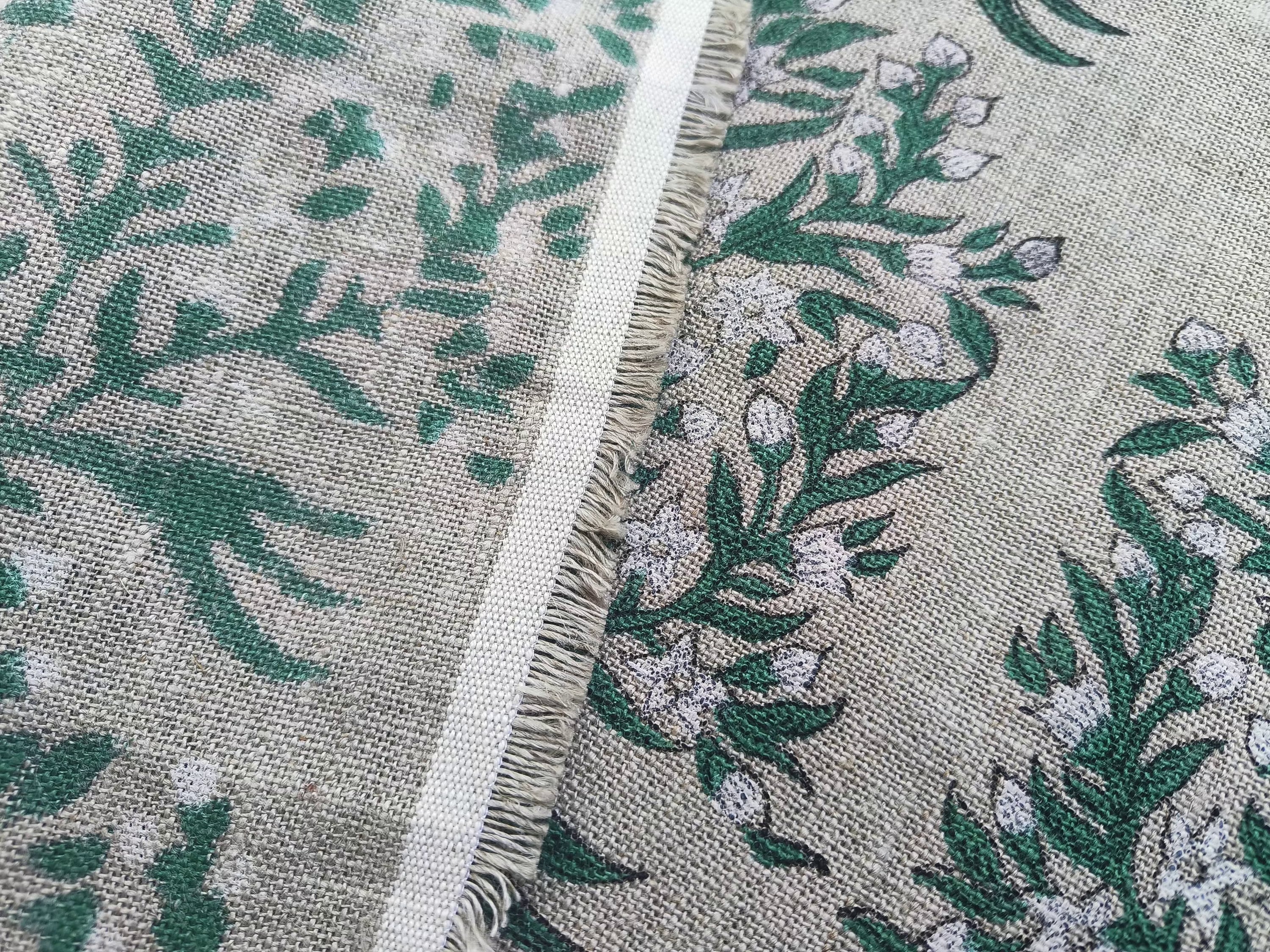 Block Print Linen Fabric, Vrindavan Flowergreenblock Print Fabric, Floral Print Linen, By The Yards, Pillow Cover Fabric For Tablecloth, Thick Linen For Upholstery