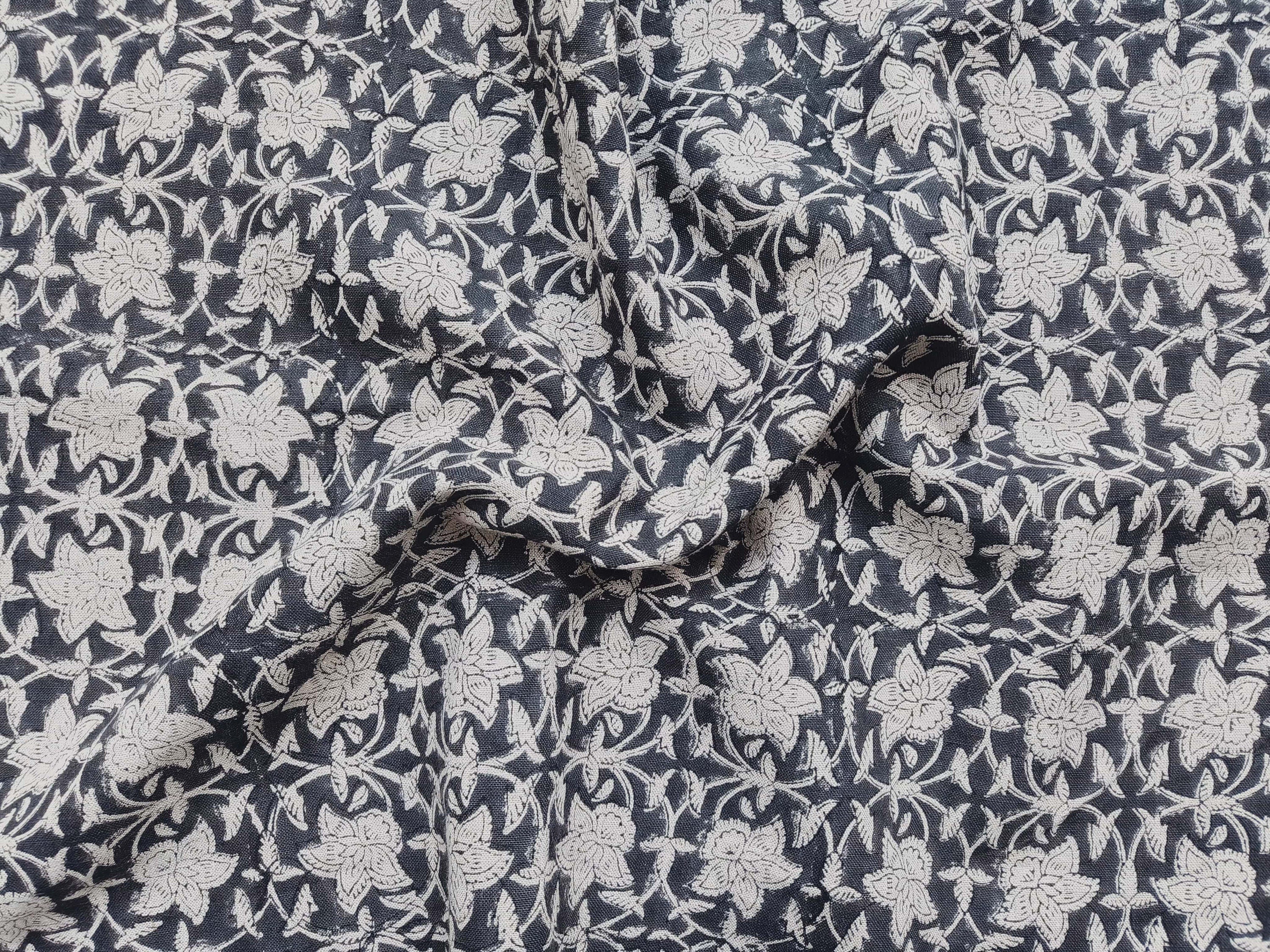 Chudamani Black Hand Block Print Fabric   Natural Linen For Homedecor And Furnishing,Grey Flower Vine Pattern, Linen Cushion Upholstery 