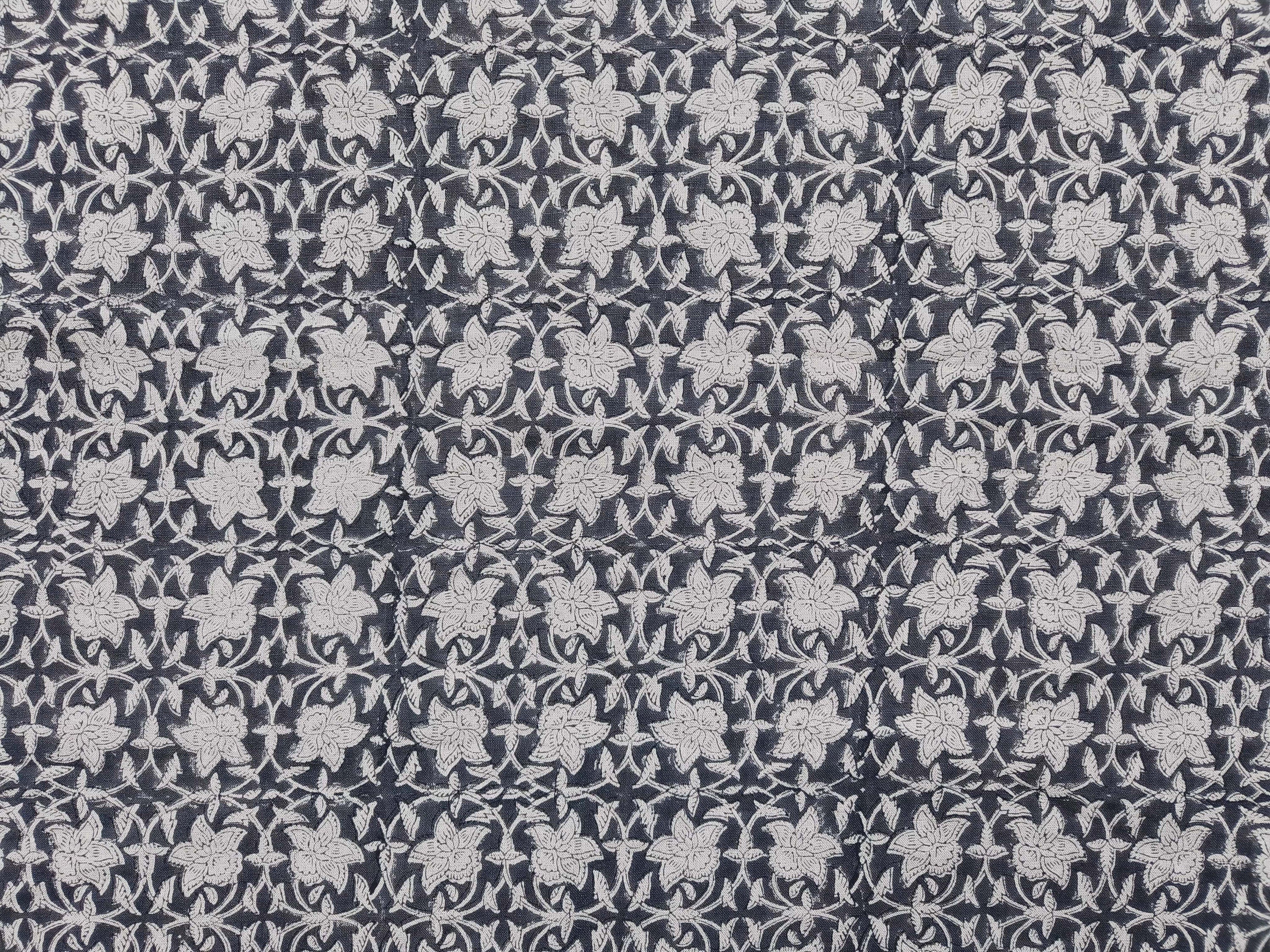 Chudamani Black Hand Block Print Fabric   Natural Linen For Homedecor And Furnishing,Grey Flower Vine Pattern, Linen Cushion Upholstery 