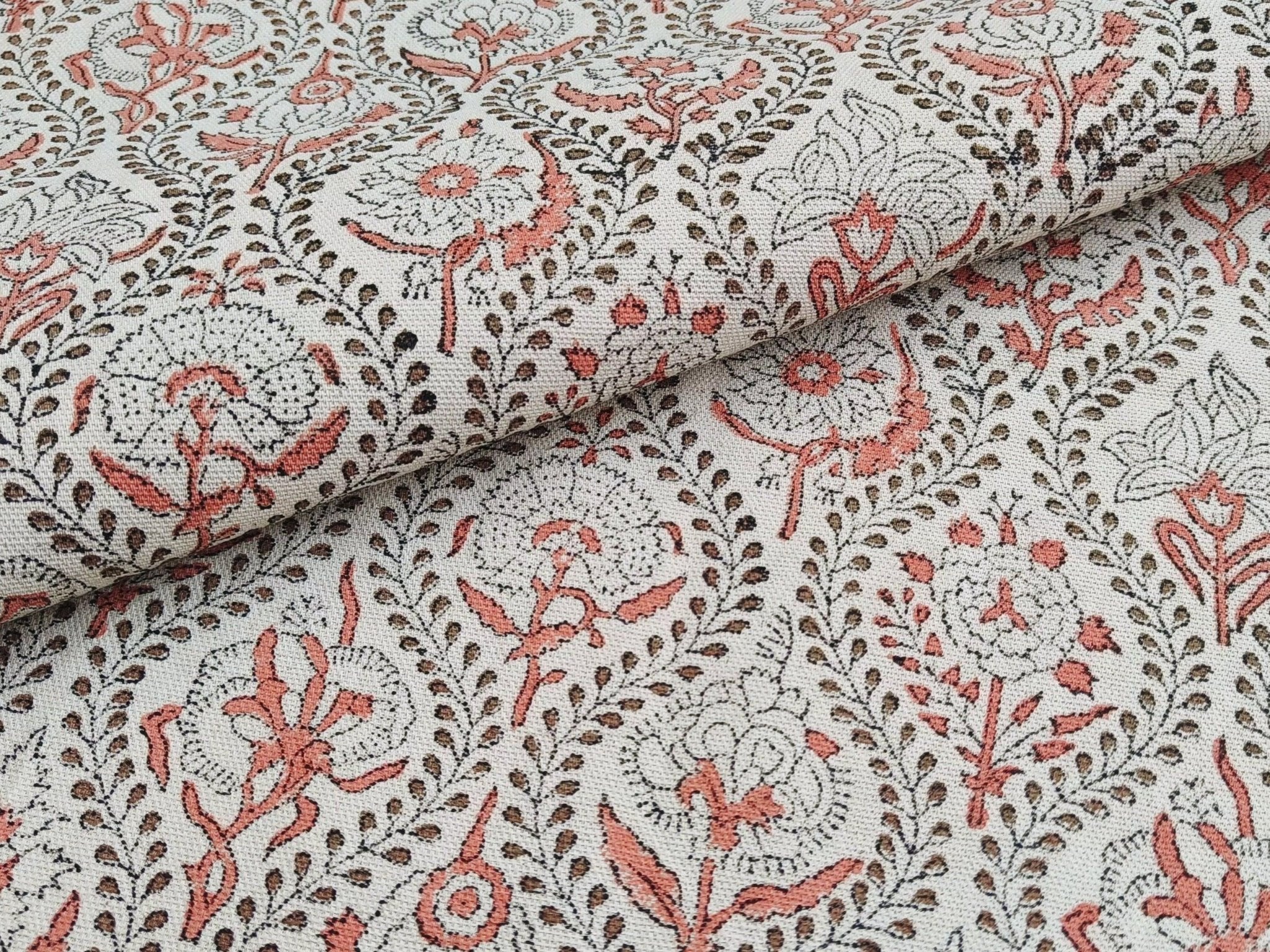 Amerbel Orange Floral Linen Block Print Fabric, Indian Handmade Art  Pillowcase Fabric, Upholstery & Curtains