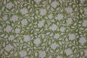 Block Print Linen Fabric, Pushpsahita Green Fabric, Handblock Print, Cushion Cover, Upholstery, Floral Print Fabric Home Decor