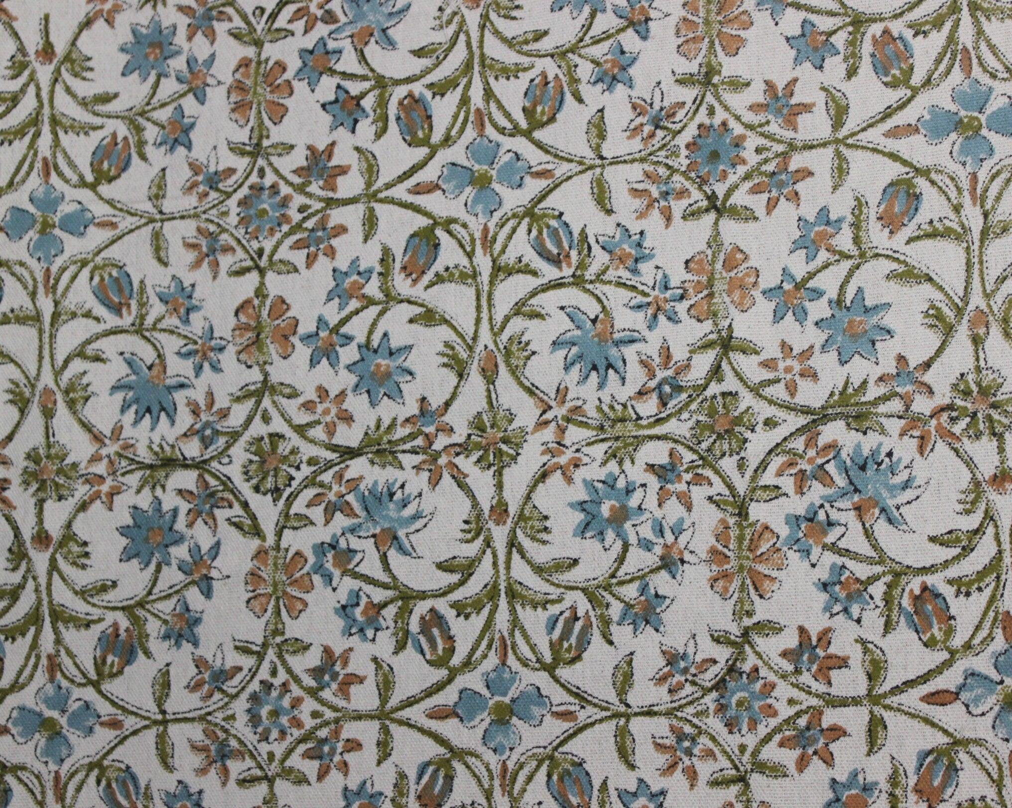 Amritwani Skyblue  Flower Block Print Fabric, 100% Natural Linen Fabric, Indian Fabrics, Block Print Cushions, Pillow Cover Fabric