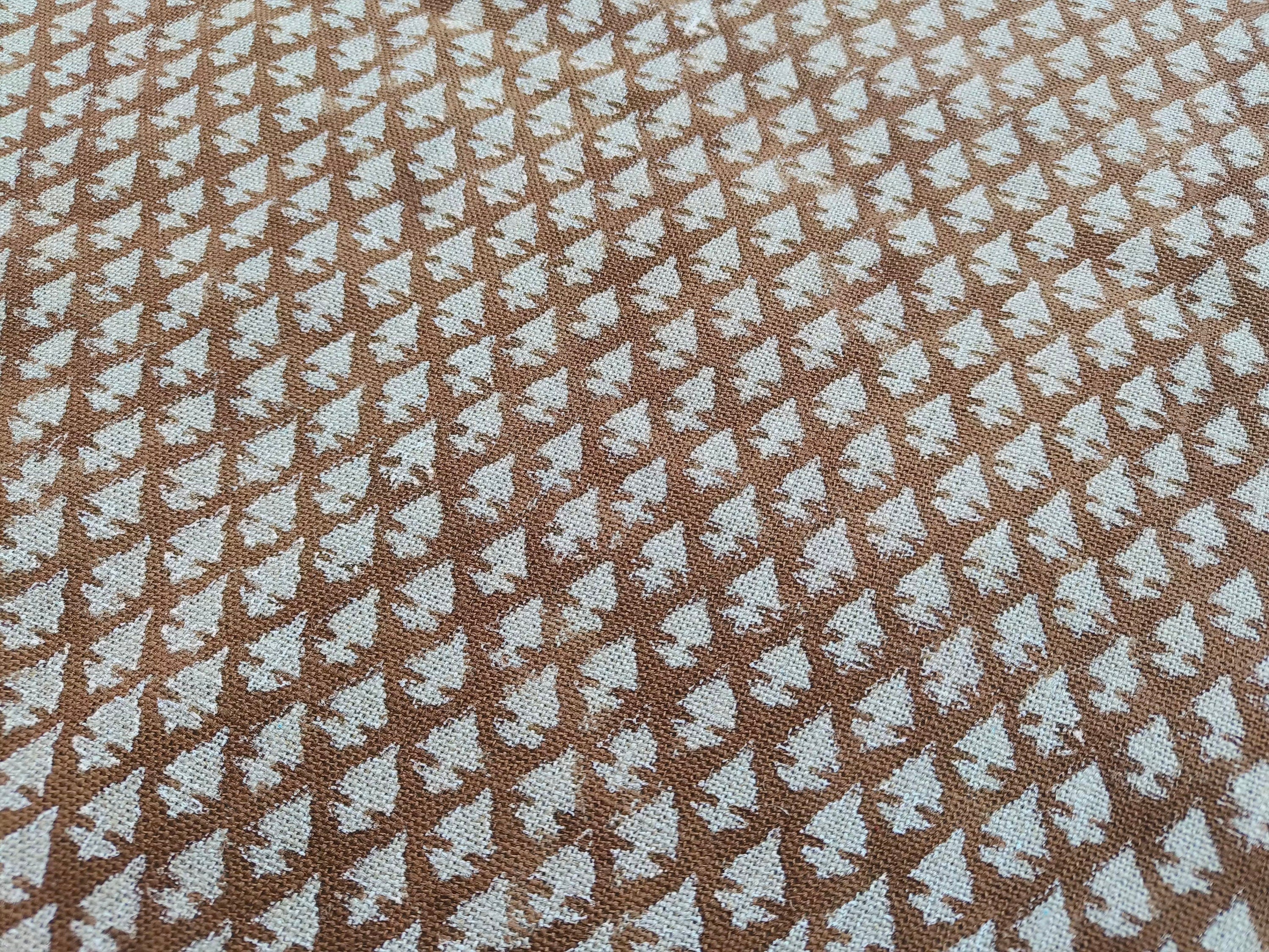 Hariyali Brown Block Print Floral Linen Fabric, Cushion Pillow Fabric By The Yard, Modern Home Decor, Upholstery Fabric