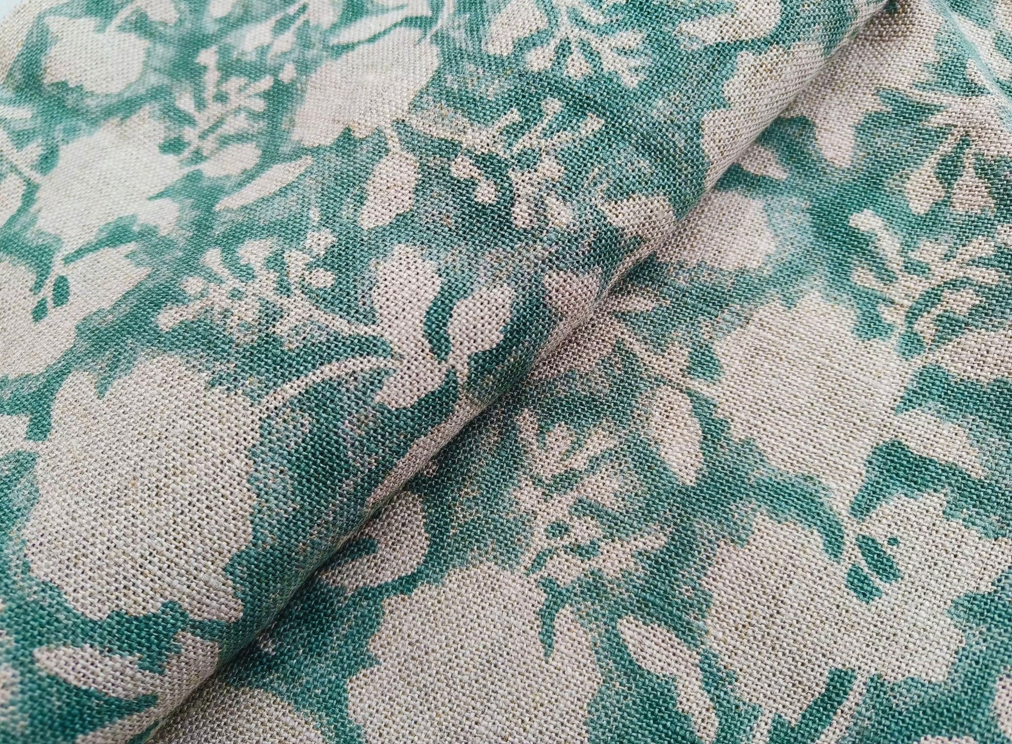 Block Print Linen Fabric, Rameshwaram Sea Green Colour Home Decor Fabric Linen Upholstery Handloom Handblocked Fabric Cushion Fabric