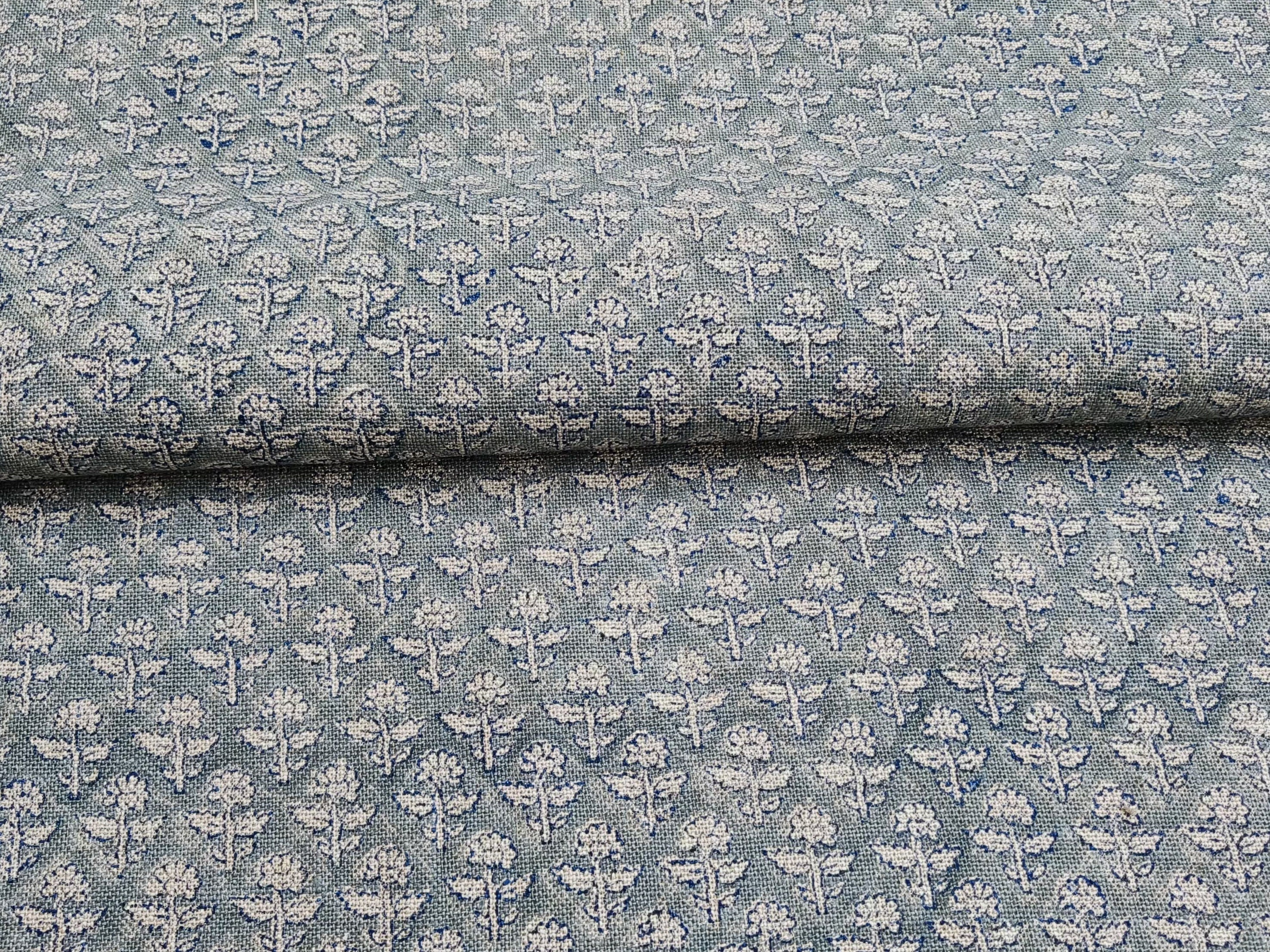 Gulmohar  Heavy Weight Thick Linen  Pure Linen By The Yard  Cushion Fabric  Best Selling  Blue Grey Floral Upholstery  Hand Block