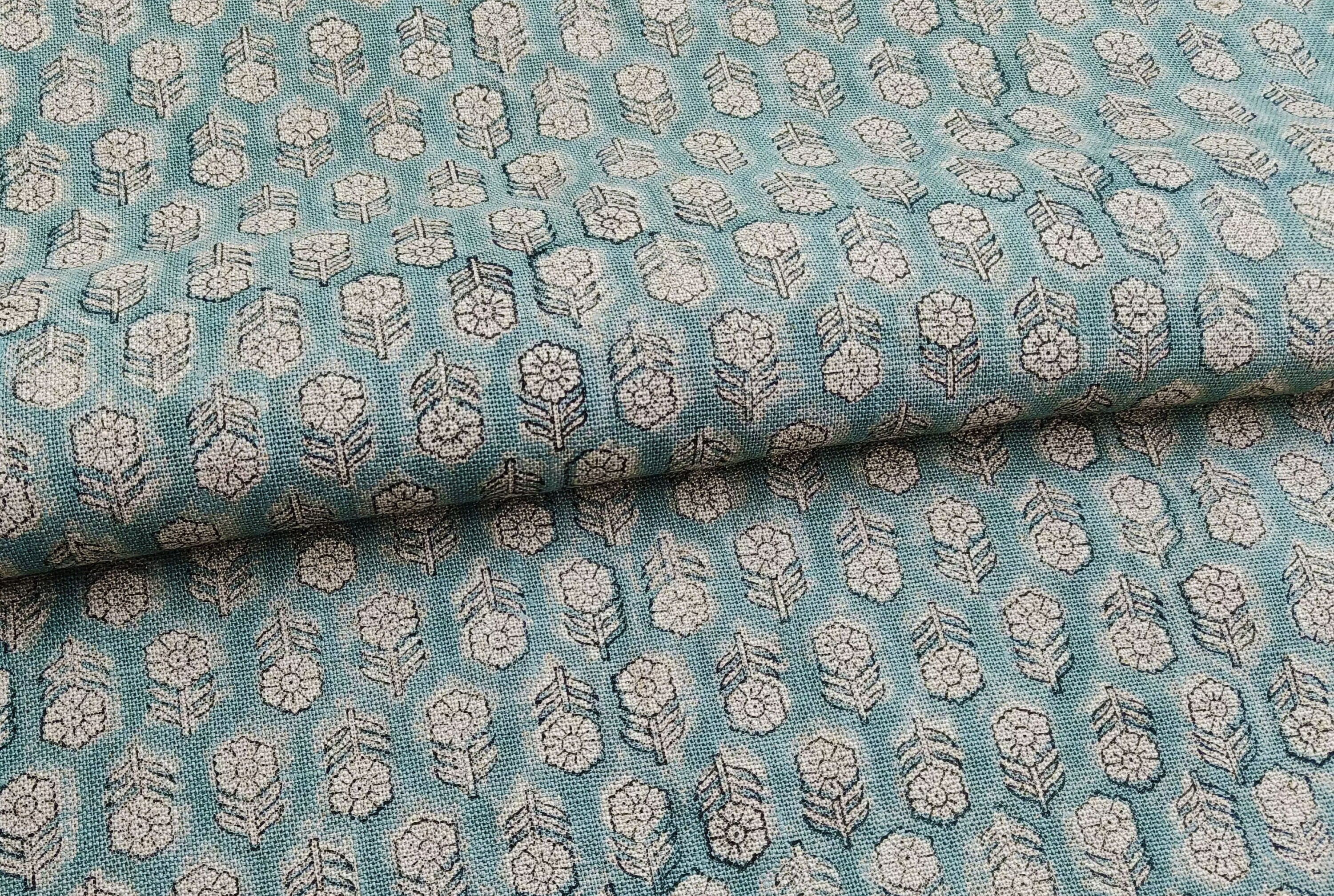 Block Print Linen Fabric, Tulsi Buti  Ocean Blue, Block Print Thick Linen Handloom Linen, Linen Fabric By The Yard, Best For Upholstery, Best Selling Cushion Cover,
