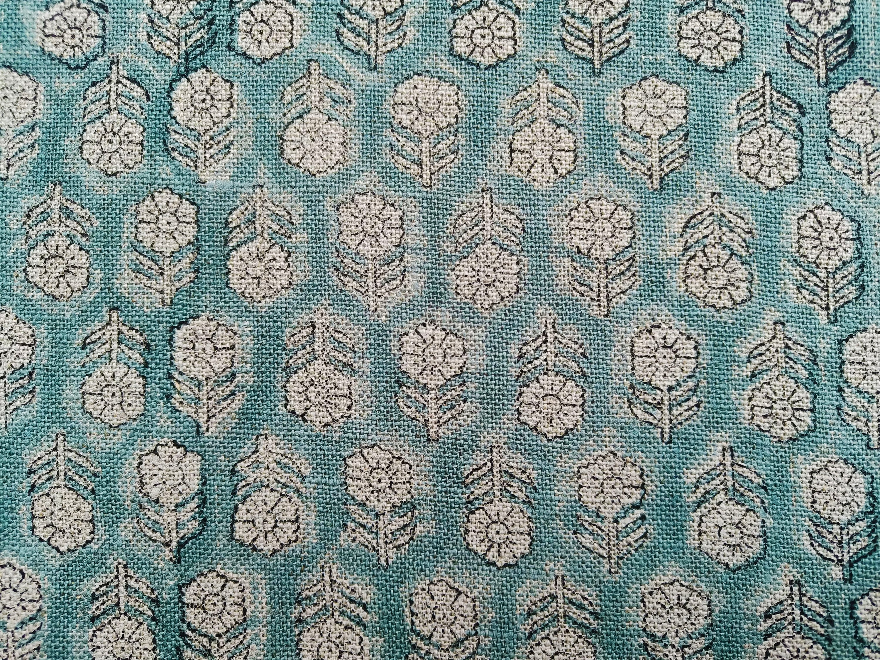 Block Print Linen Fabric, Tulsi Buti  Ocean Blue, Block Print Thick Linen Handloom Linen, Linen Fabric By The Yard, Best For Upholstery, Best Selling Cushion Cover,