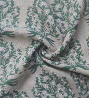 Block Print Linen Fabric, Vrindavan Flowergreenblock Print Fabric, Floral Print Linen, By The Yards, Pillow Cover Fabric For Tablecloth, Thick Linen For Upholstery