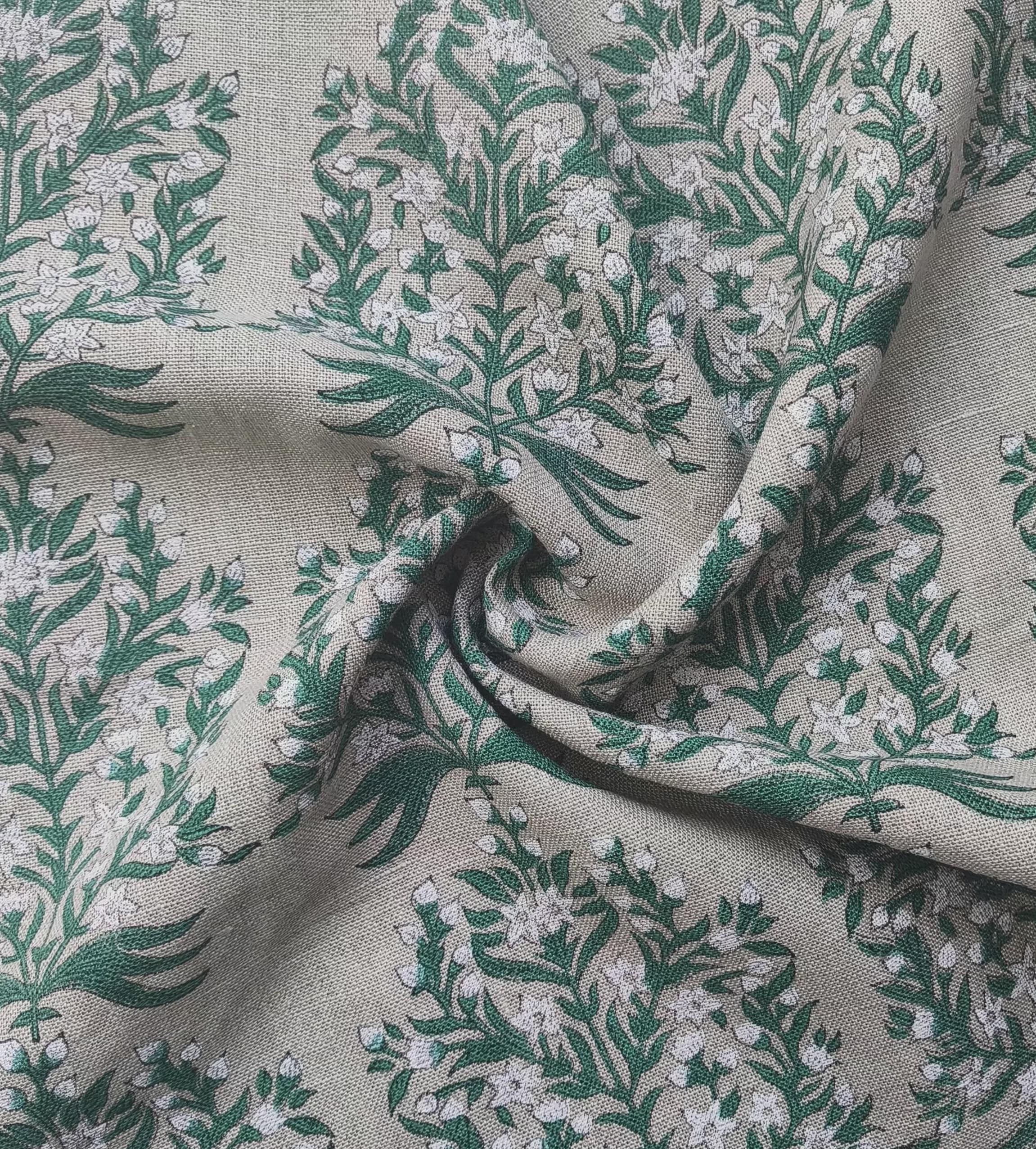 Block Print Linen Fabric, Vrindavan Flowergreenblock Print Fabric, Floral Print Linen, By The Yards, Pillow Cover Fabric For Tablecloth, Thick Linen For Upholstery