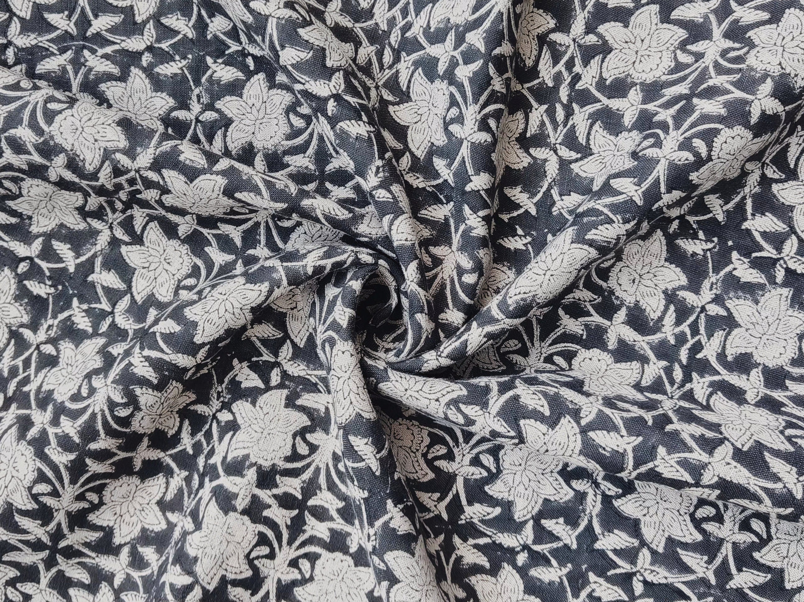 Chudamani Black Hand Block Print Fabric   Natural Linen For Homedecor And Furnishing,Grey Flower Vine Pattern, Linen Cushion Upholstery 