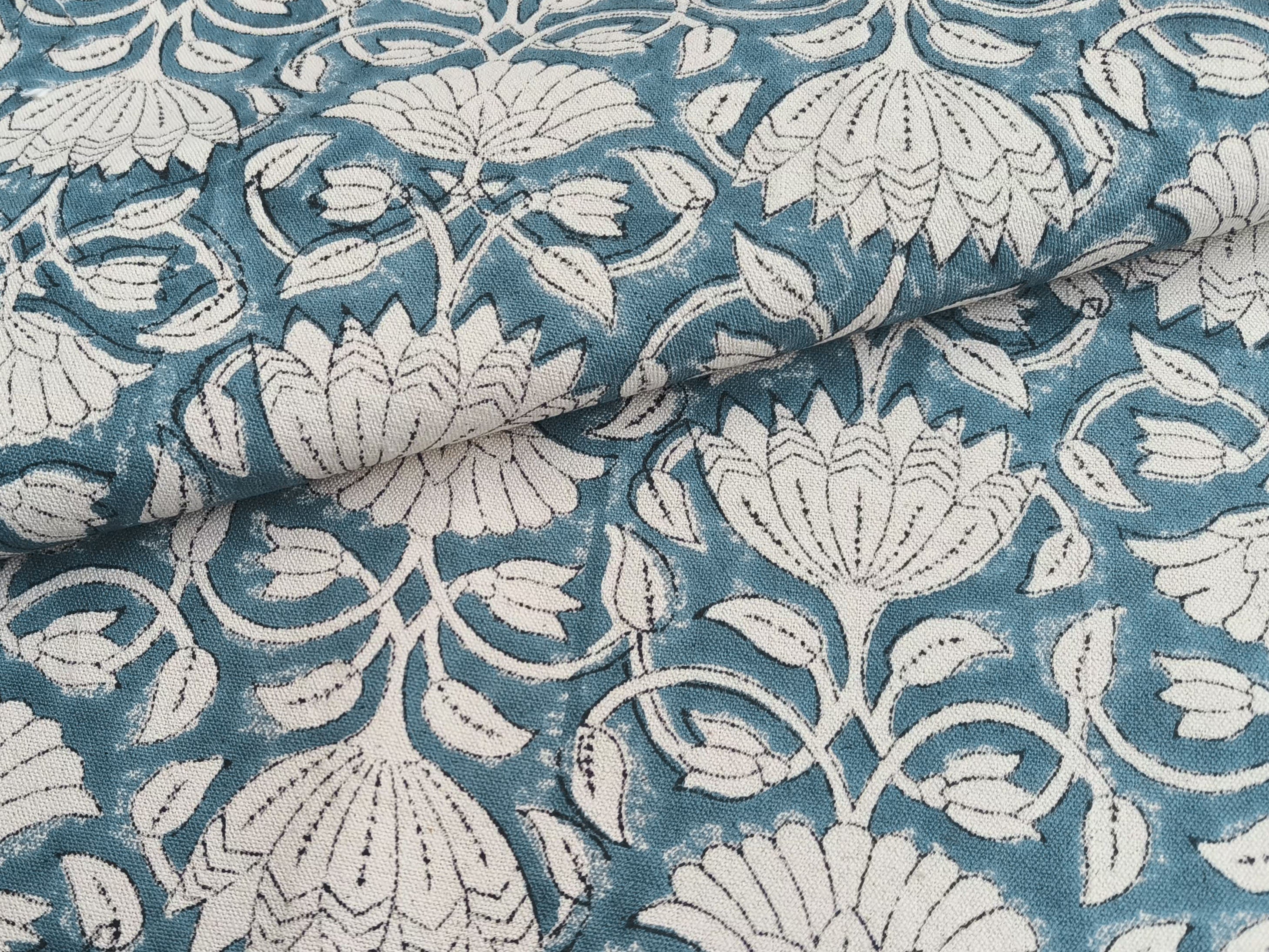 Block Print Linen Fabric, Ulta Kamal  "Indian Linen: Floral Hand Block Print, Handloom Natural Fabric For Home Decor,Thick Linen Fabric