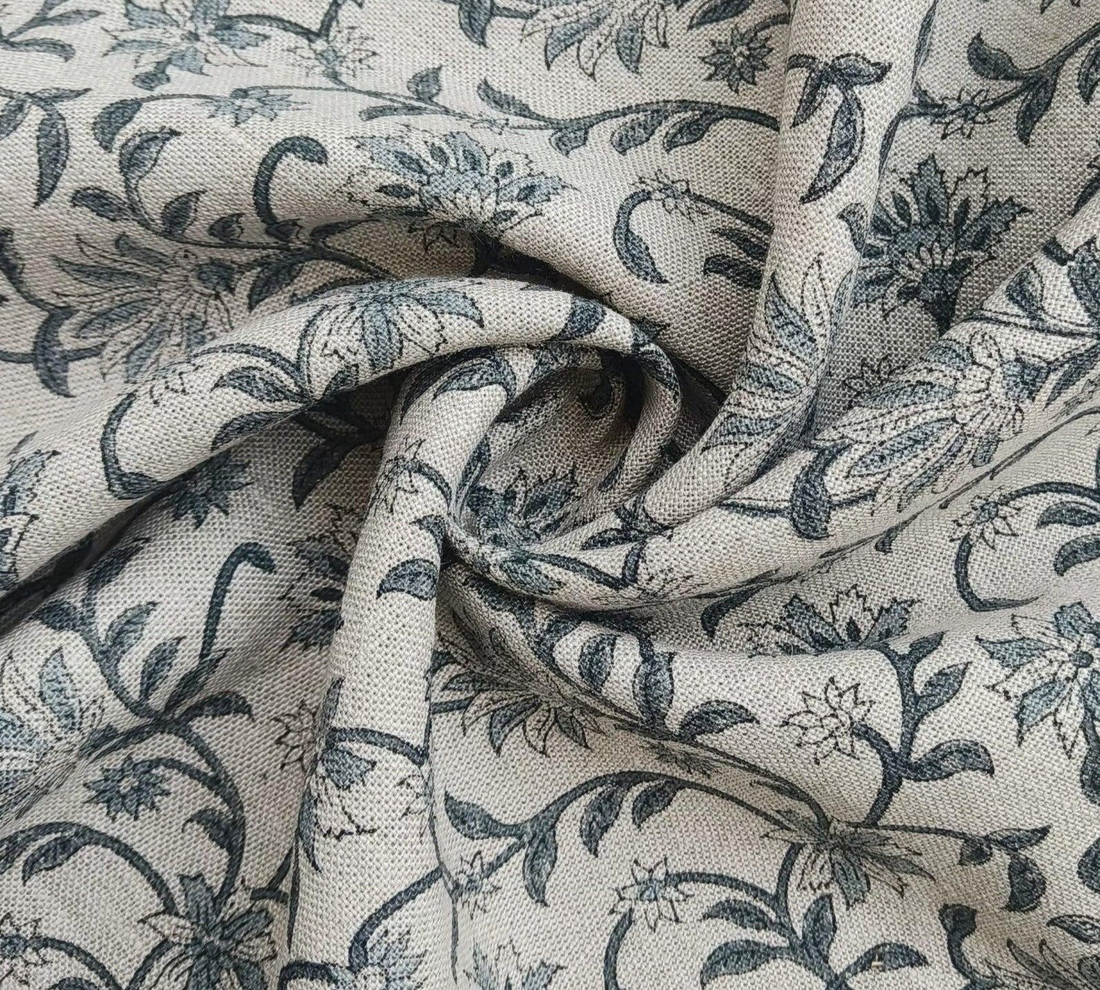 Aaradhna Fabric  Floral Block Print Linen, Handloom, Indian Block Heavy Weight Linen Fabric Floral Print