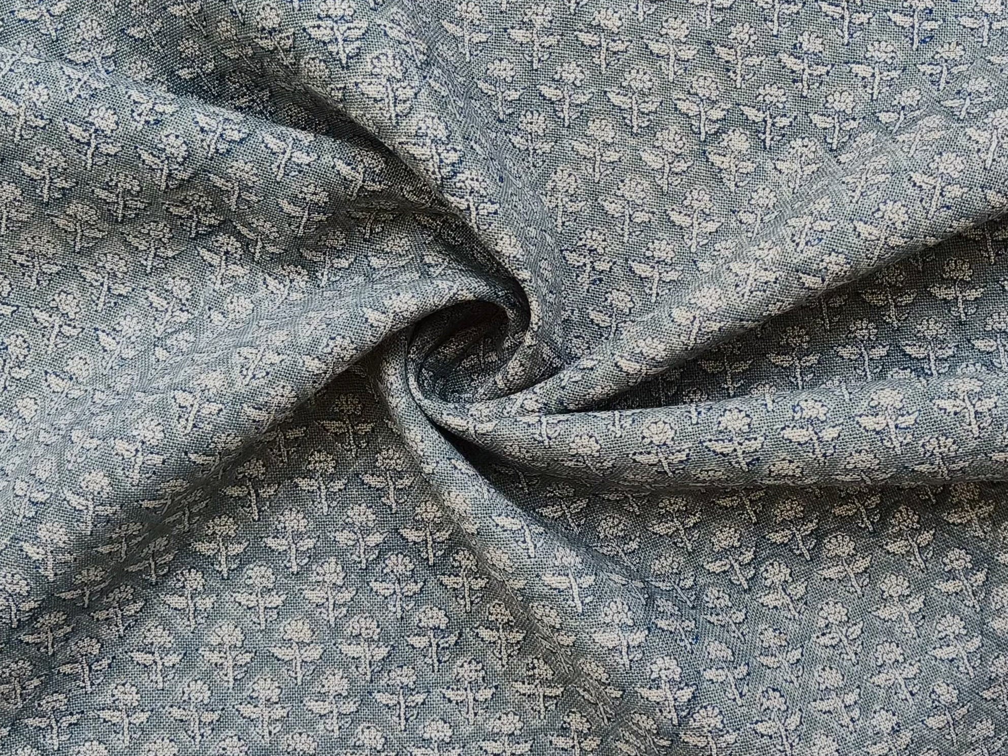 Gulmohar  Heavy Weight Thick Linen  Pure Linen By The Yard  Cushion Fabric  Best Selling  Blue Grey Floral Upholstery  Hand Block