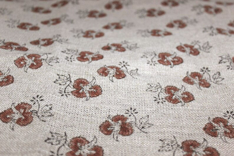 Chittaranjan  Brown Floral, Block Print Fabric,Linen & Cotton Cushion Fabric, Sofa Upholstery, Curtain Fabric, Fabric For Pillow, Neutral