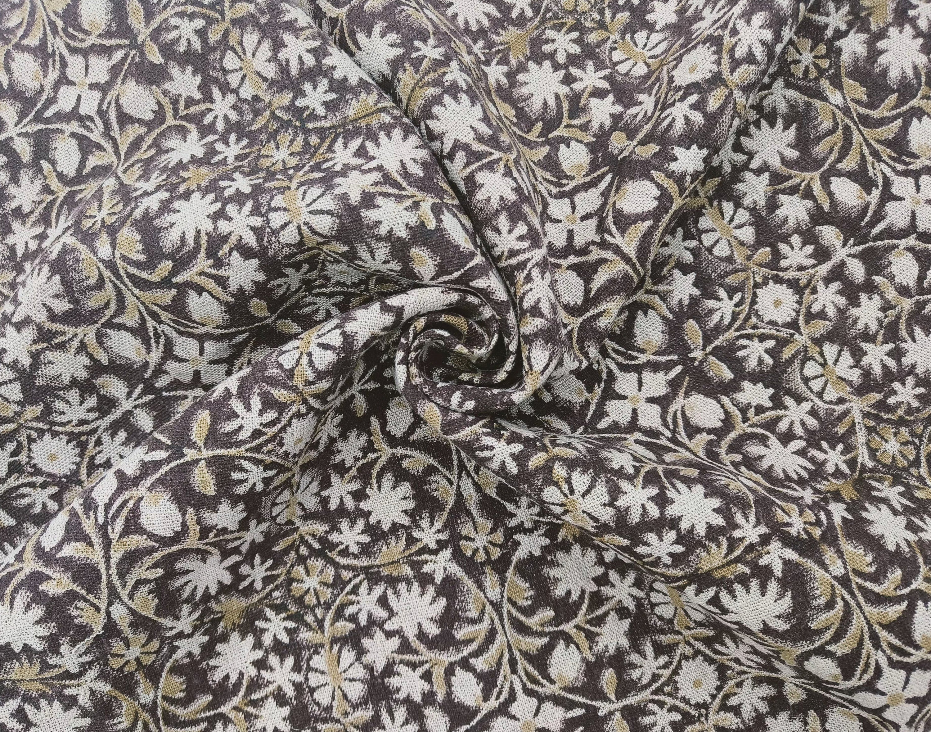 Block Print Linen Fabric, Mahalakshmi  Chocolate Brown Hand Block Linen Fabric, 100% Natural Thick Linen, Best For Cushion Cover Fabric, Sofa/Chair Upholstery