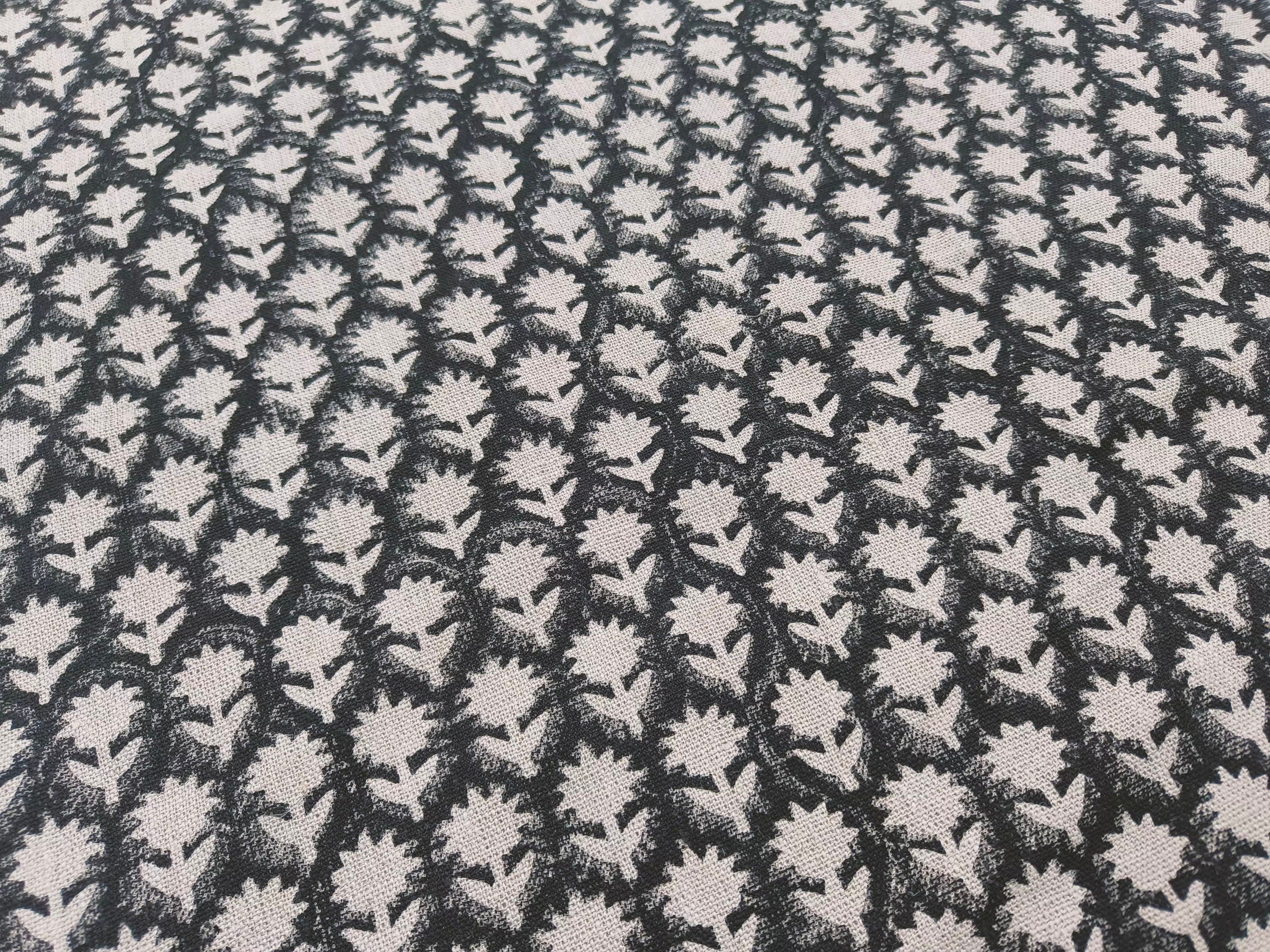Block Print Linen Fabric, Pankhudi Black Floral Block Print Linen Fabric, Fabric By The Yard, Cushion Pillow Cover Sewing Cotton, Upholstery