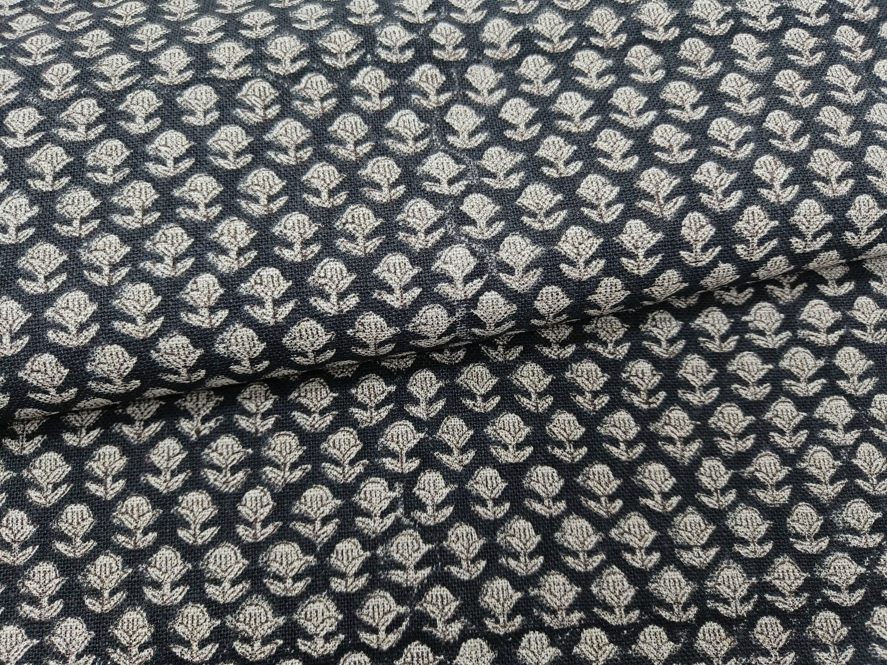 Block Print Linen Fabric, Tarangini Black Best Heavy Linen With Indian Hand Block Print  Running Fabric By The Yard  Perfect For  Upholstery, Pillow & Cushion