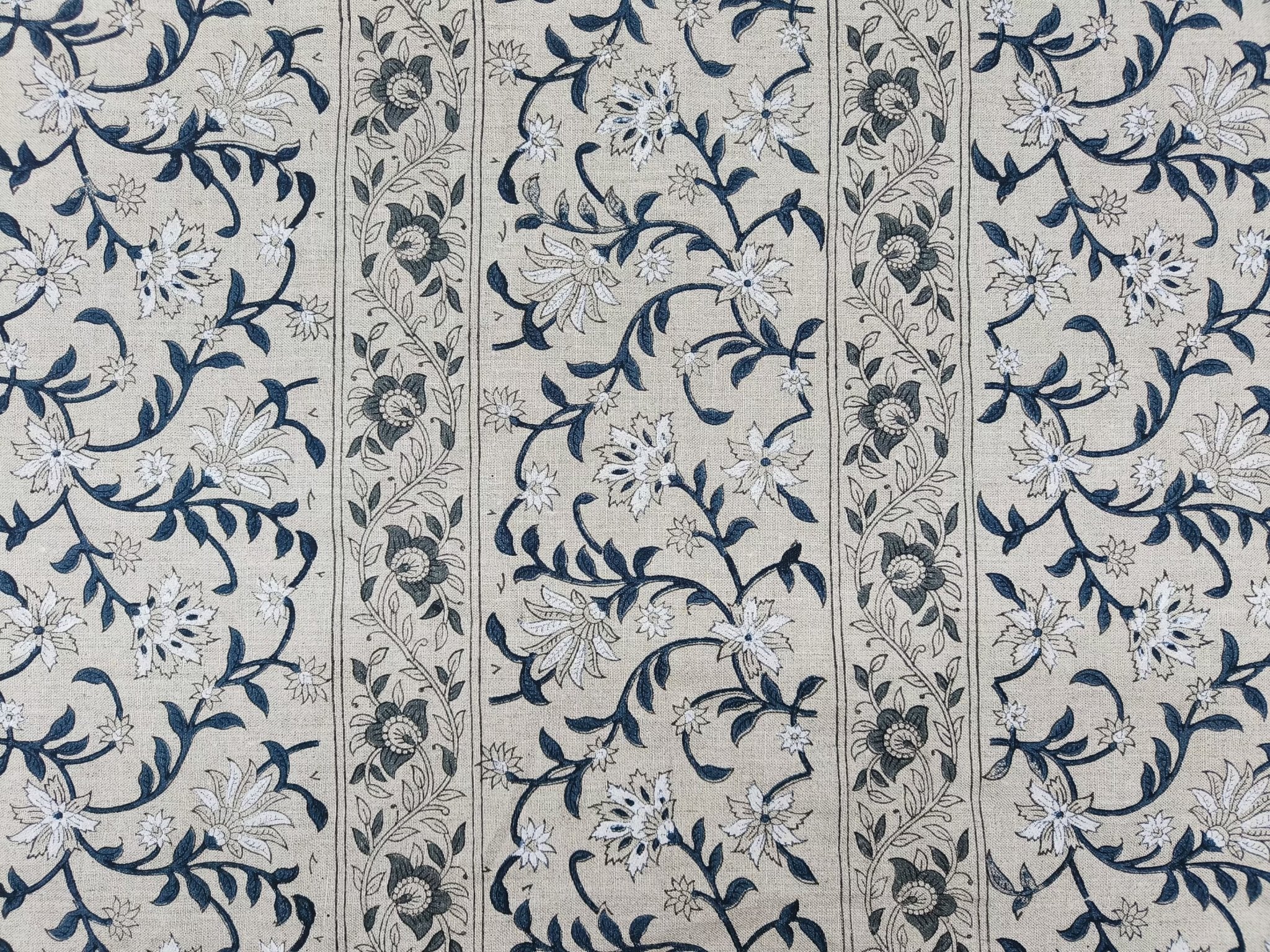 Block Print Linen Fabric, Mangal Pandey  Grey Blue Floral Block Print Linen Fabric, Floral Pattern Along With Alternate Border Pattern, Latest Pattern For Cushion