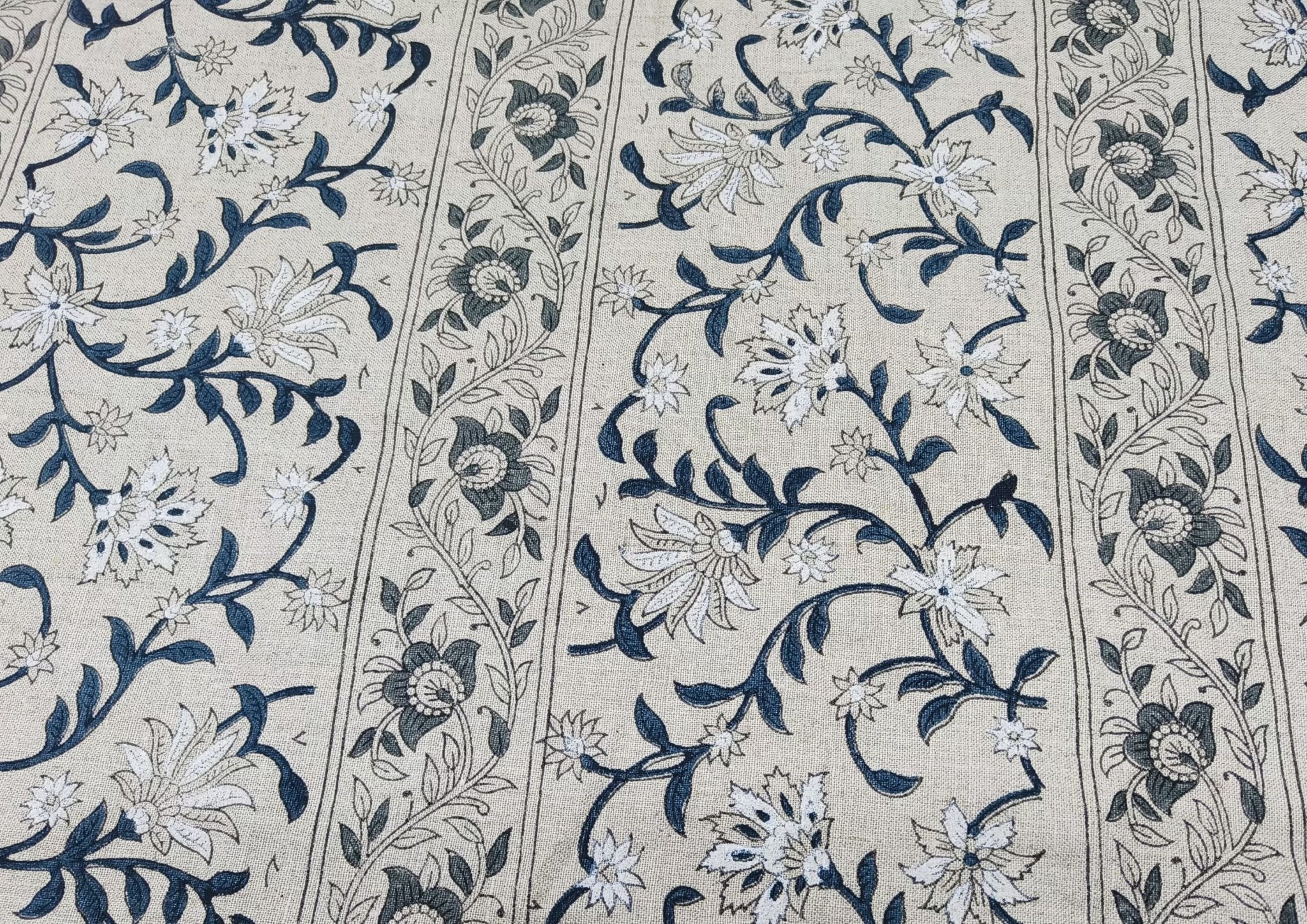 Block Print Linen Fabric, Mangal Pandey  Grey Blue Floral Block Print Linen Fabric, Floral Pattern Along With Alternate Border Pattern, Latest Pattern For Cushion