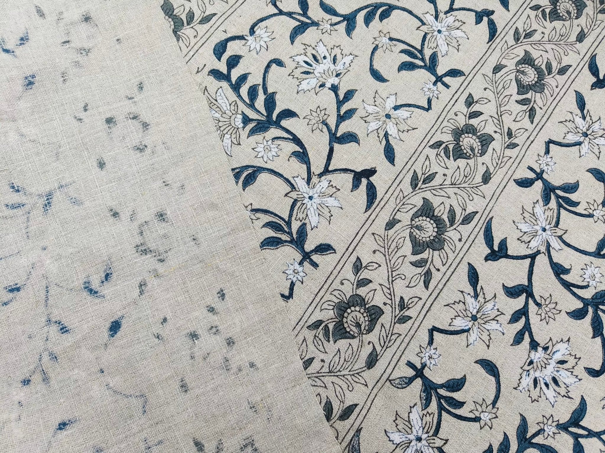 Block Print Linen Fabric, Mangal Pandey  Grey Blue Floral Block Print Linen Fabric, Floral Pattern Along With Alternate Border Pattern, Latest Pattern For Cushion