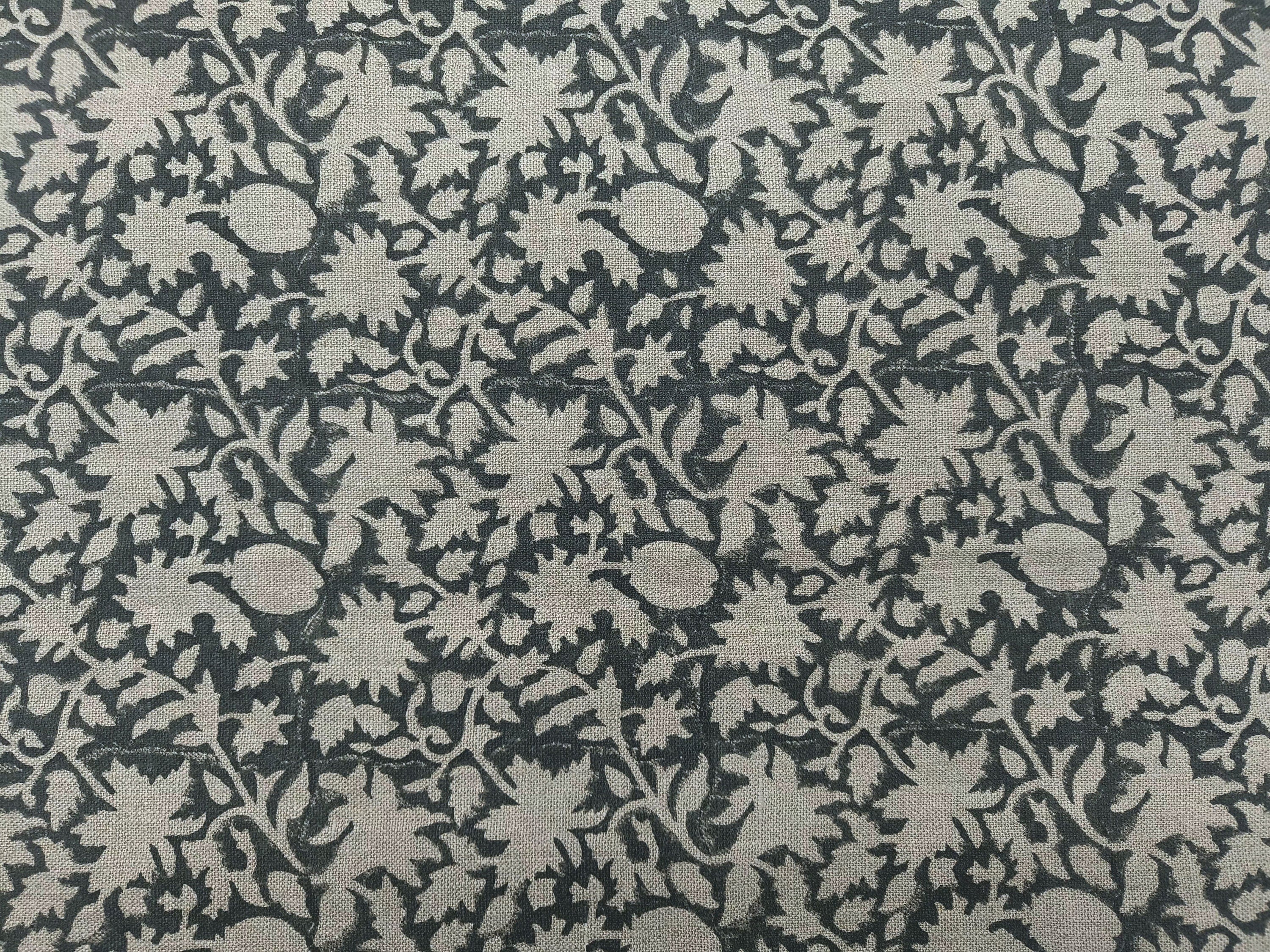 Block Print Linen Fabric, Manikarnika  Dark Rock Garden Green Floral Block Print Linen Fabric, Cushion Pillow Upholstery Fabric, Home Decor