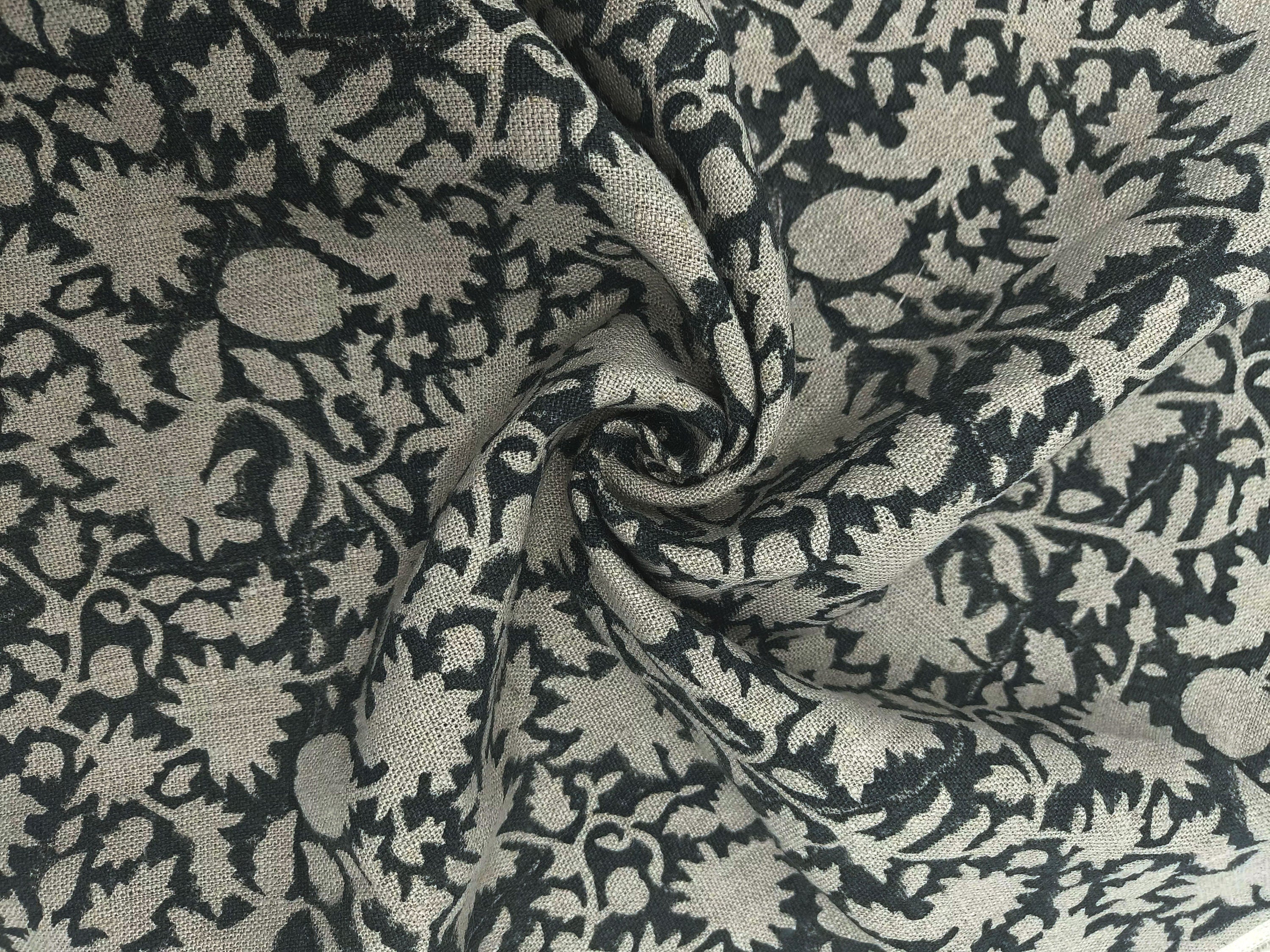 Block Print Linen Fabric, Manikarnika  Dark Rock Garden Green Floral Block Print Linen Fabric, Cushion Pillow Upholstery Fabric, Home Decor
