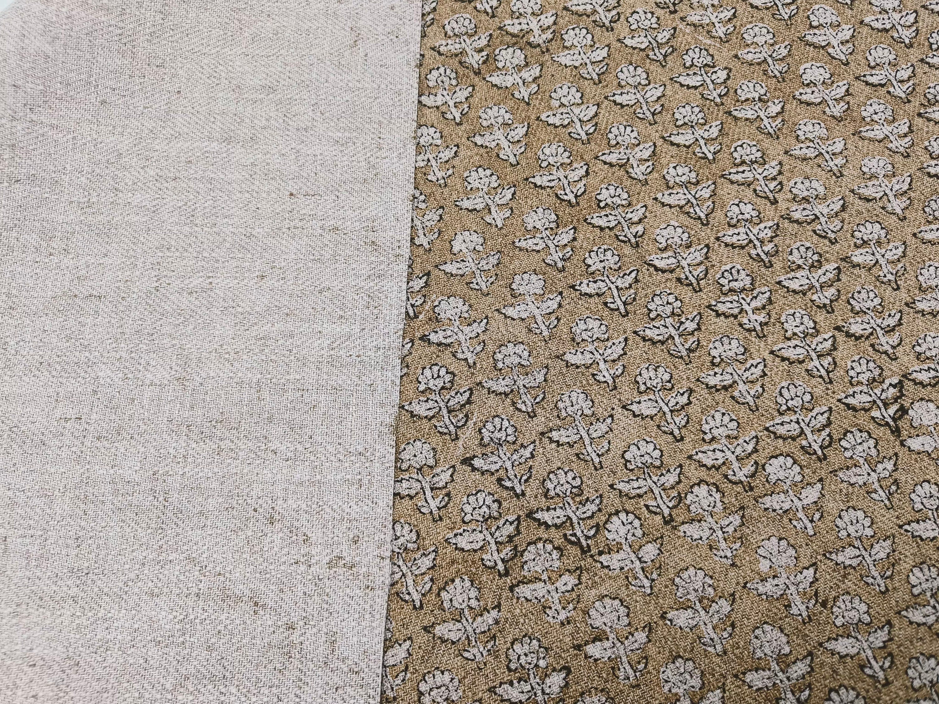 Gulmohar Brown  Sofa Upholstery, Chair Upholstery Block Print Linen Fabric, Strong & Waterproof Fabric, Light Brown Neutral Color Fabric