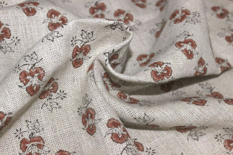 Chittaranjan  Brown Floral, Block Print Fabric,Linen & Cotton Cushion Fabric, Sofa Upholstery, Curtain Fabric, Fabric For Pillow, Neutral