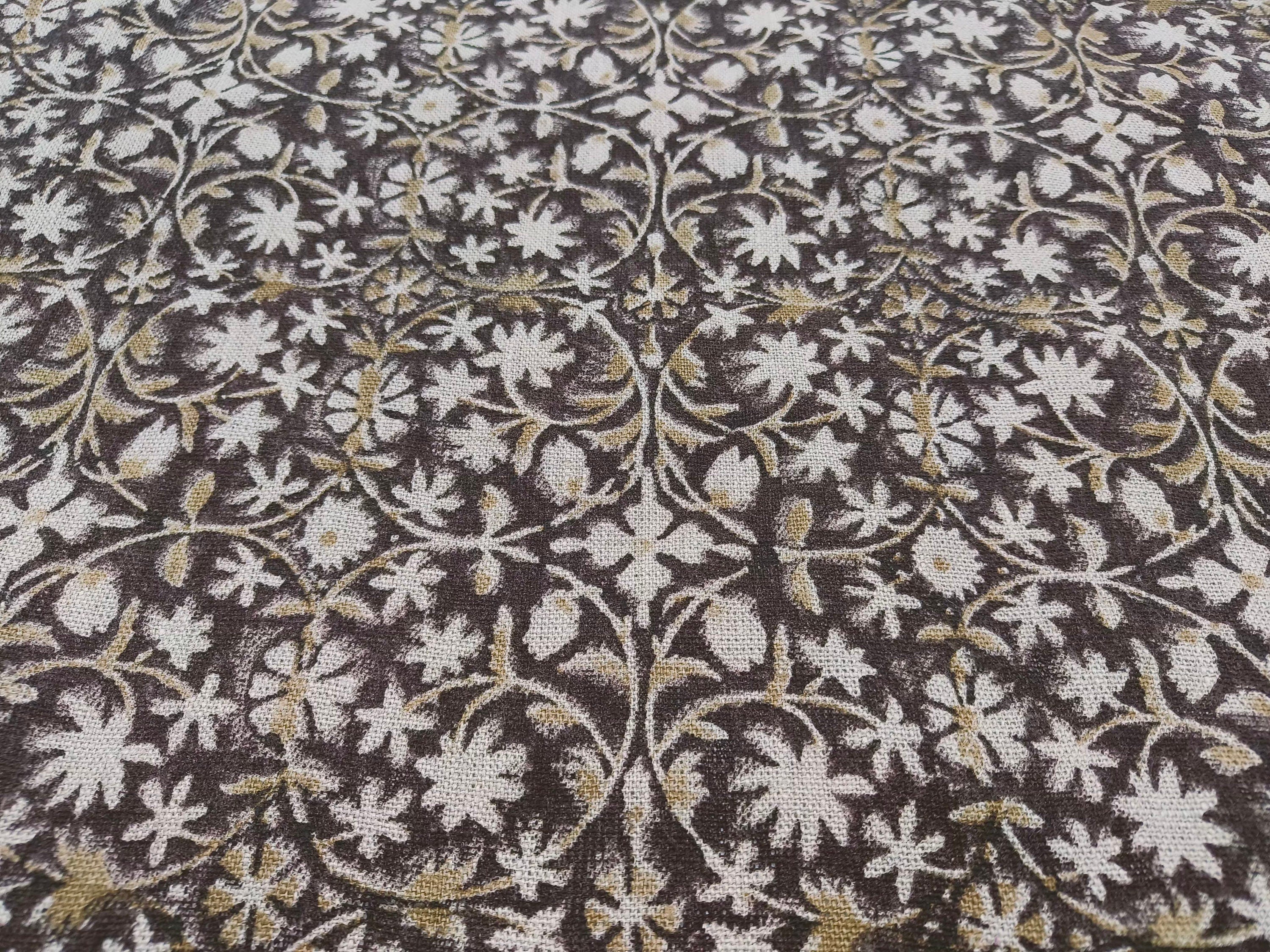 Block Print Linen Fabric, Mahalakshmi  Chocolate Brown Hand Block Linen Fabric, 100% Natural Thick Linen, Best For Cushion Cover Fabric, Sofa/Chair Upholstery