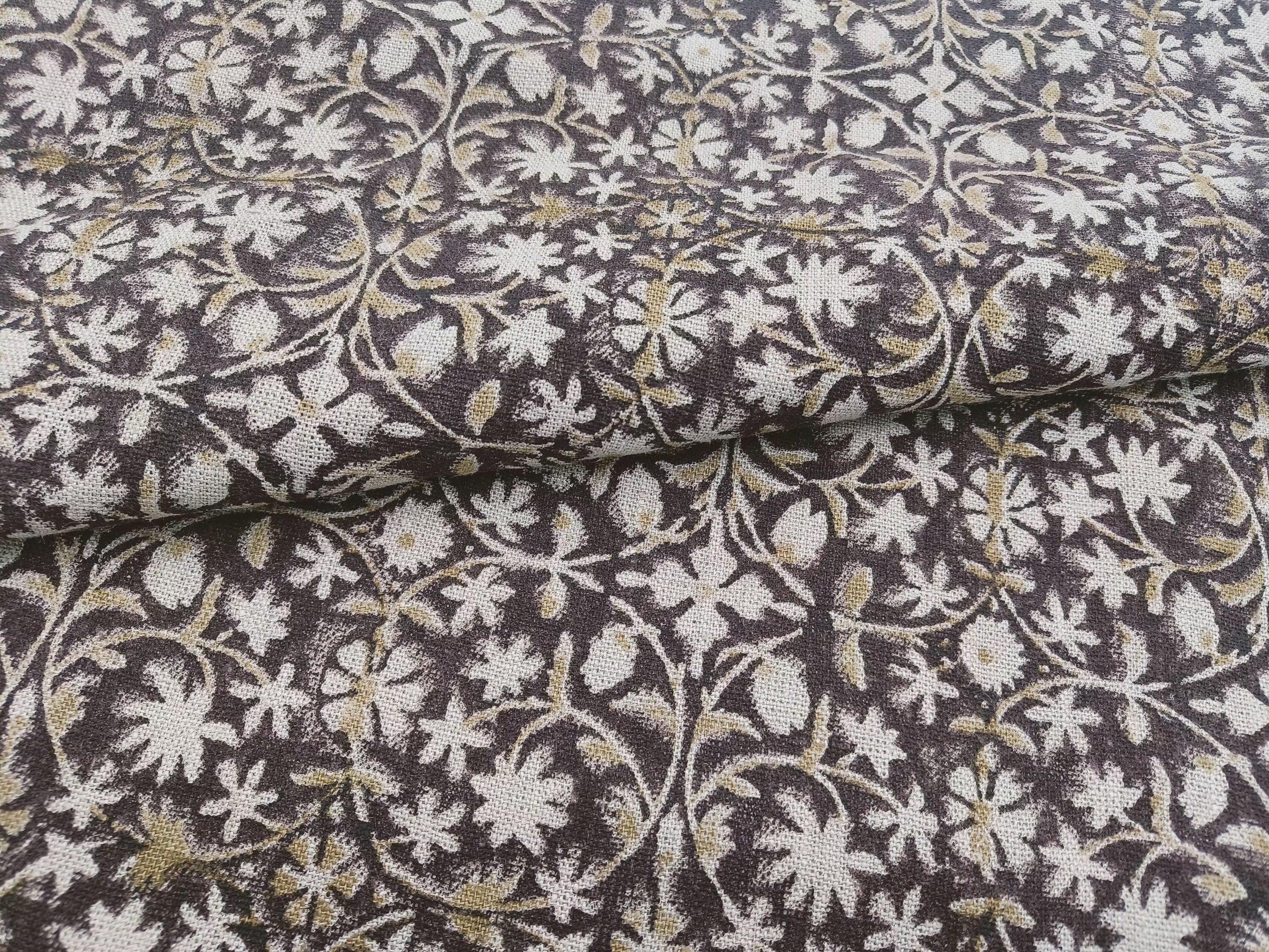 Block Print Linen Fabric, Mahalakshmi  Chocolate Brown Hand Block Linen Fabric, 100% Natural Thick Linen, Best For Cushion Cover Fabric, Sofa/Chair Upholstery