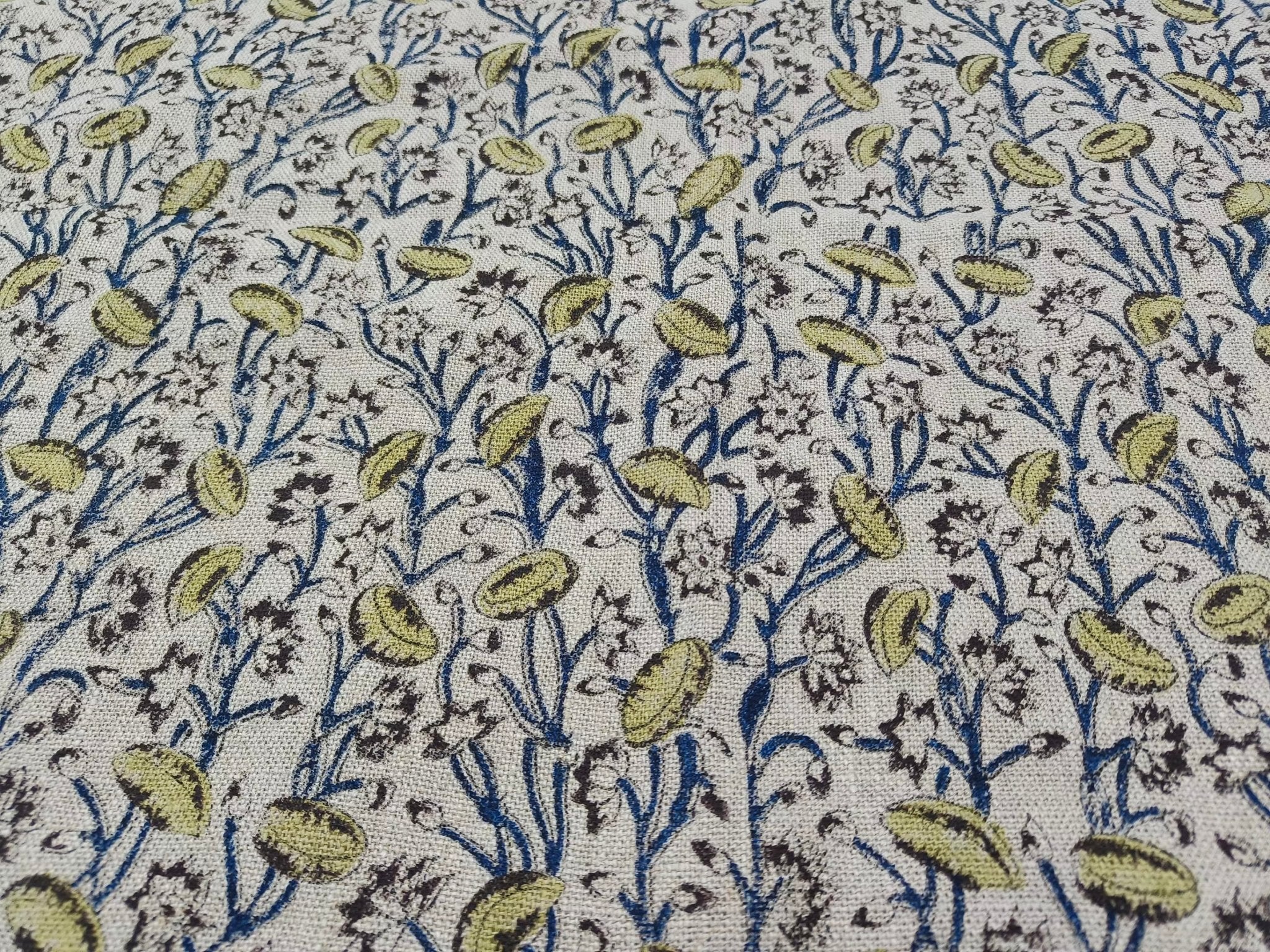 Block Print Linen Fabric, Pishta  Light Green Floral Block Print Linen, Natural Flax Linen Best For Cushion Cover, Pillow Cover, Upholstery Fabric, Home Decor