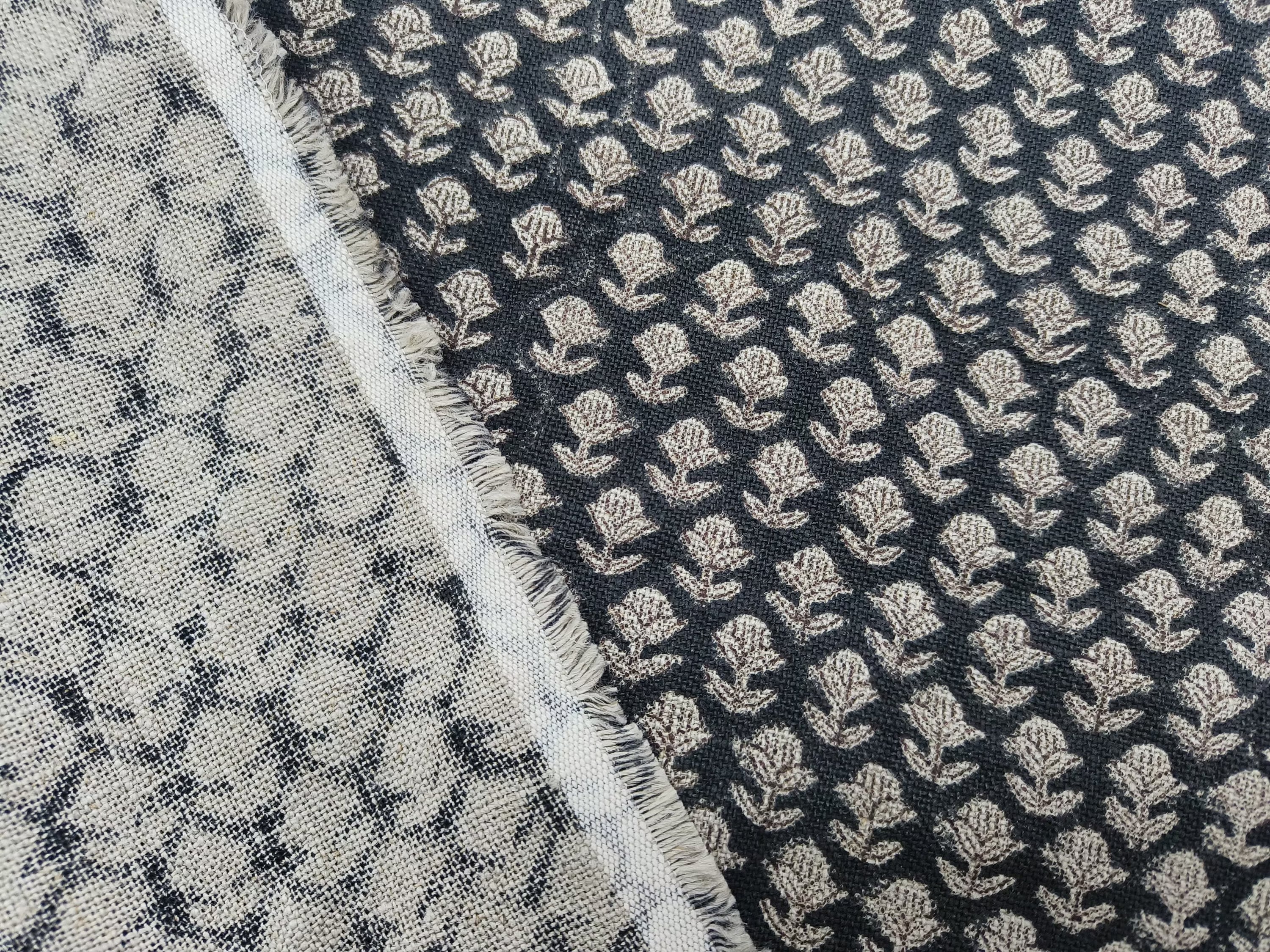 Block Print Linen Fabric, Tarangini Black Best Heavy Linen With Indian Hand Block Print  Running Fabric By The Yard  Perfect For  Upholstery, Pillow & Cushion