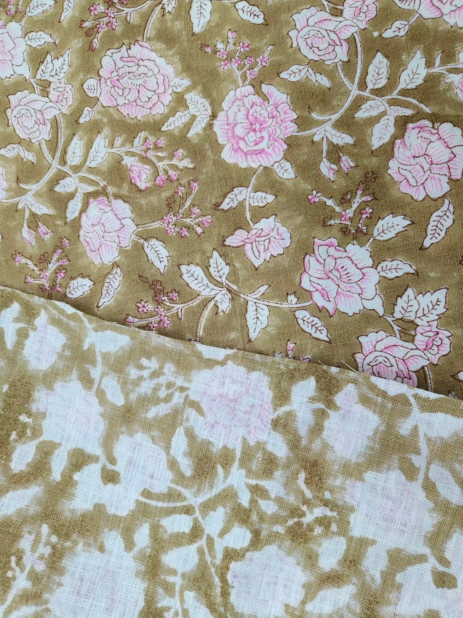 Block Print Linen Fabric, Rameshwaram  Pure Linen White Base Cushion Fabric, Khaki Pink Printed Fabric For Throw Pillow, Hand Block Printed Linen, Floral Print 