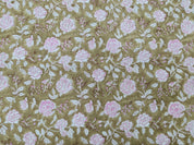 Block Print Linen Fabric, Rameshwaram  Pure Linen White Base Cushion Fabric, Khaki Pink Printed Fabric For Throw Pillow, Hand Block Printed Linen, Floral Print 