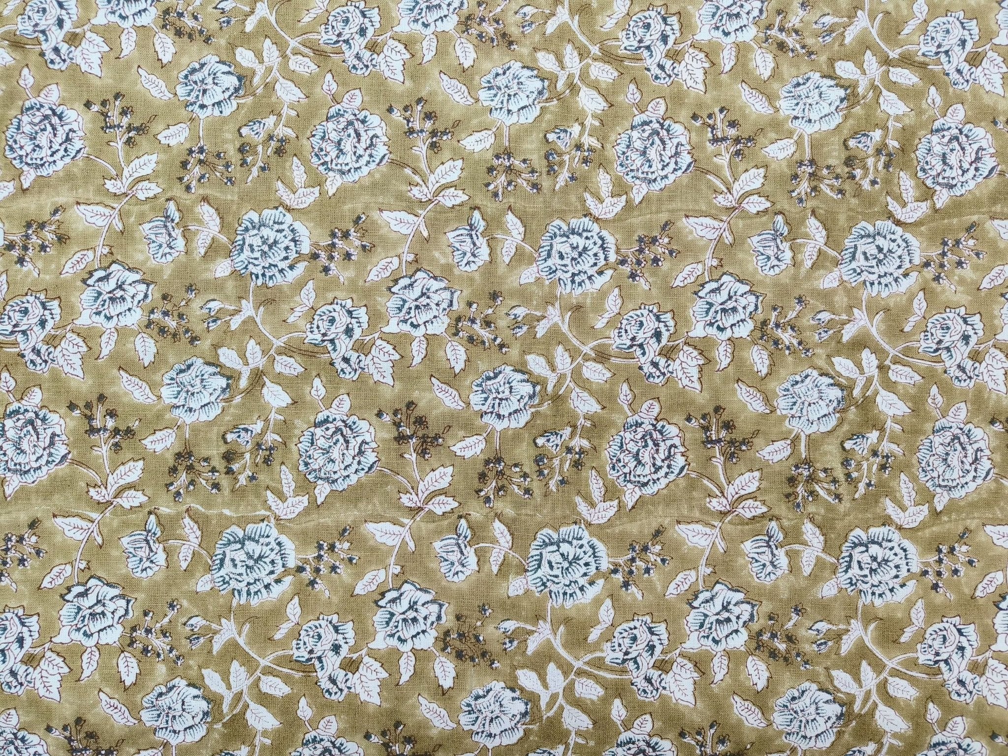 Block Print Linen Fabric, Rameshwaram  Khaki Blue Floral Block Print Linen, White Base Pure Linen,Medium Weight Linen Perfect For Cushion Cover Pillow Cover