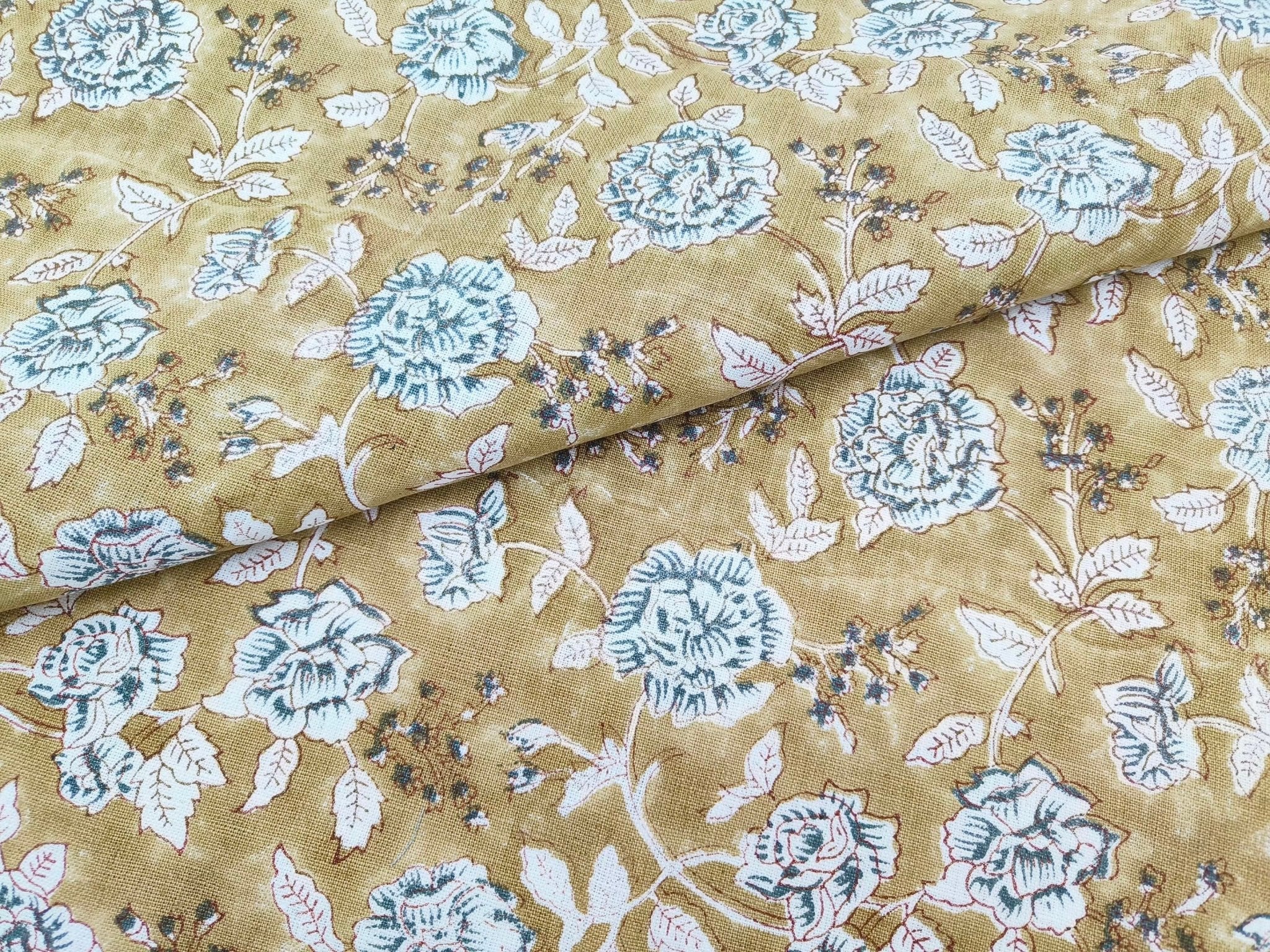 Block Print Linen Fabric, Rameshwaram  Khaki Blue Floral Block Print Linen, White Base Pure Linen,Medium Weight Linen Perfect For Cushion Cover Pillow Cover