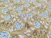 Block Print Linen Fabric, Rameshwaram  Khaki Blue Floral Block Print Linen, White Base Pure Linen,Medium Weight Linen Perfect For Cushion Cover Pillow Cover