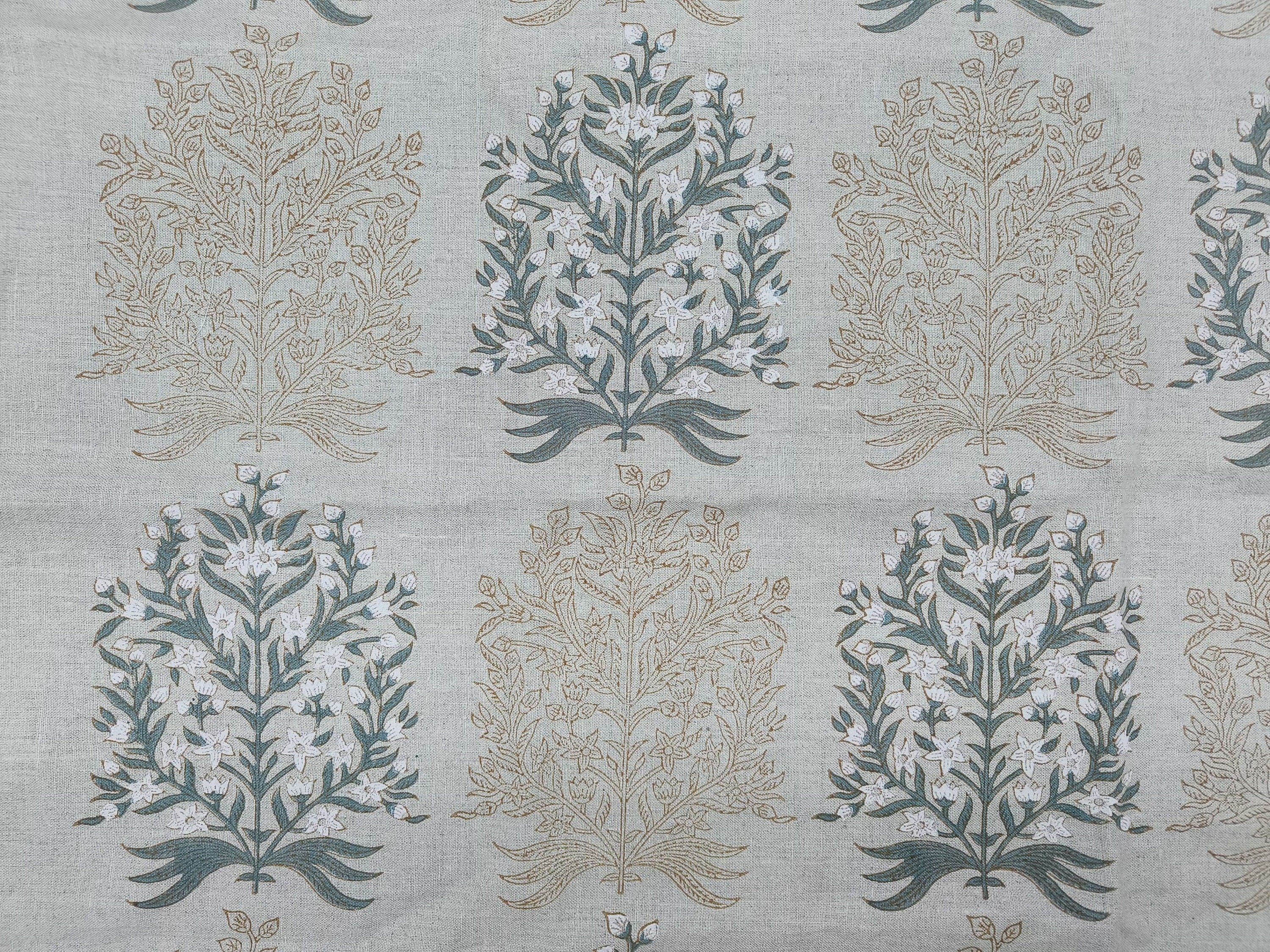 Block Print Linen Fabric, Vrindavan  Dual Shade Gray Floral Block Print Linen Fabric, Gray Flower And Dark Brown Outline,Cushion Fabric Pillow Fabric, Upholstery