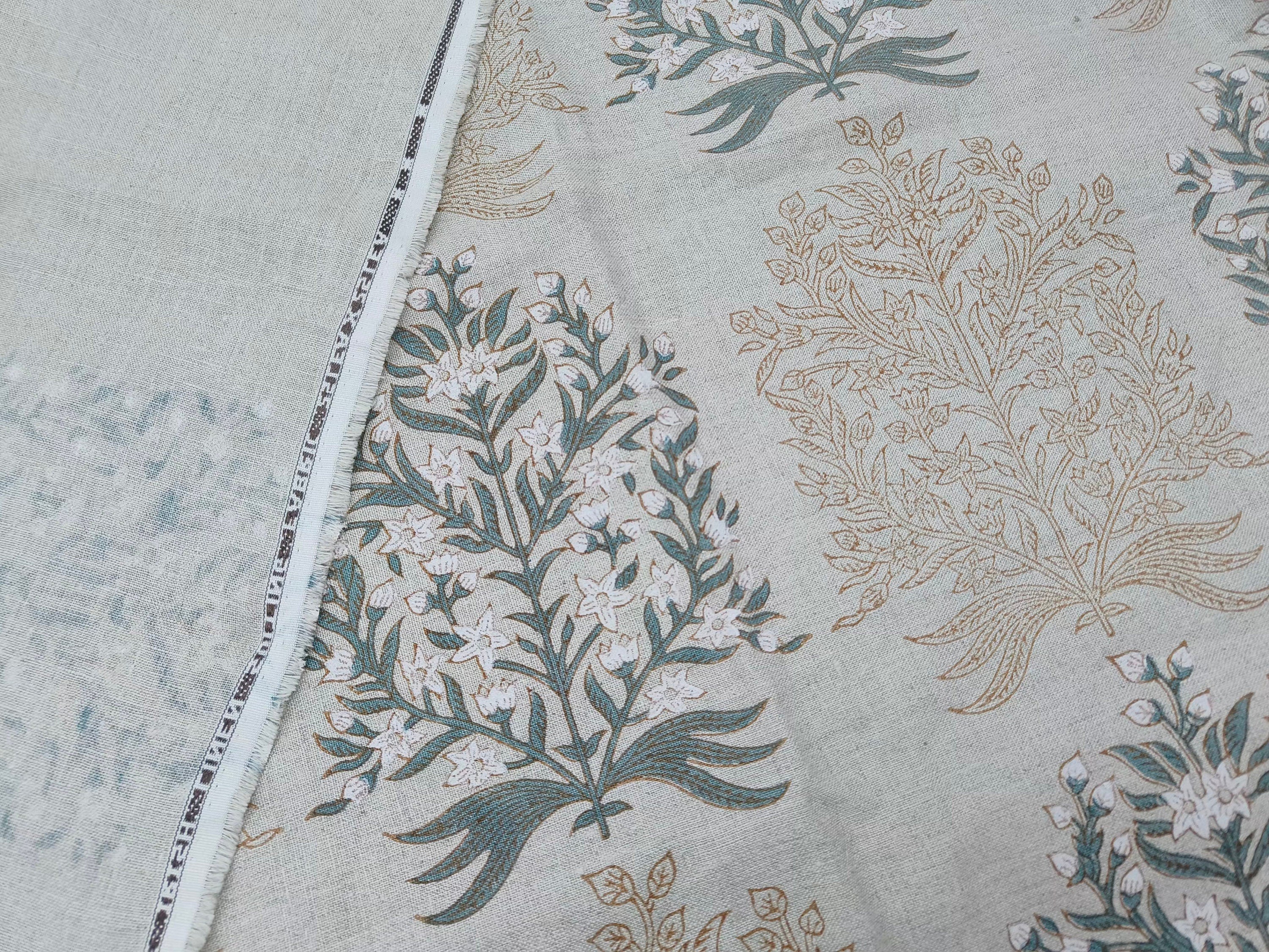 Block Print Linen Fabric, Vrindavan  Dual Shade Gray Floral Block Print Linen Fabric, Gray Flower And Dark Brown Outline,Cushion Fabric Pillow Fabric, Upholstery