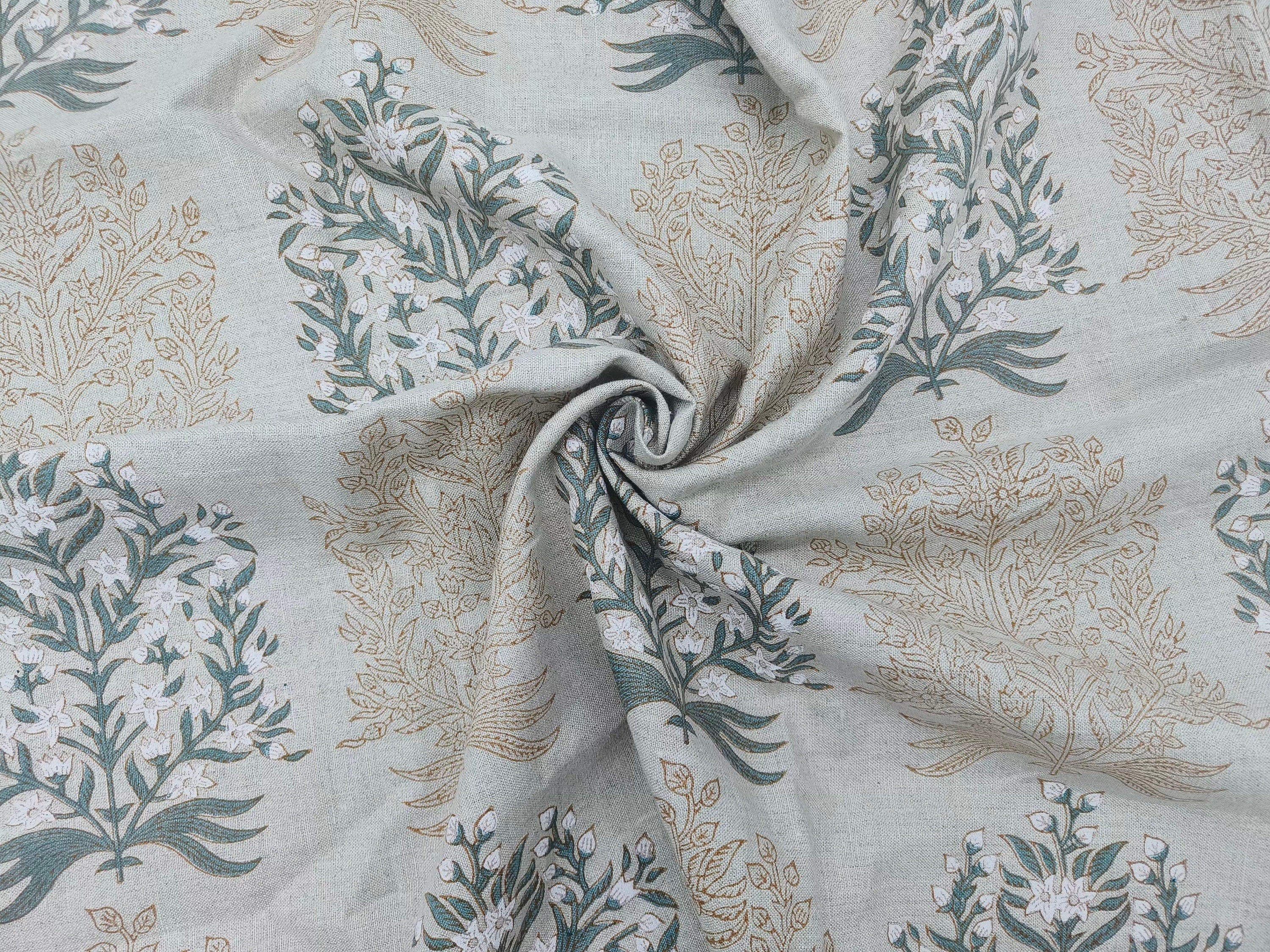 Block Print Linen Fabric, Vrindavan  Dual Shade Gray Floral Block Print Linen Fabric, Gray Flower And Dark Brown Outline,Cushion Fabric Pillow Fabric, Upholstery